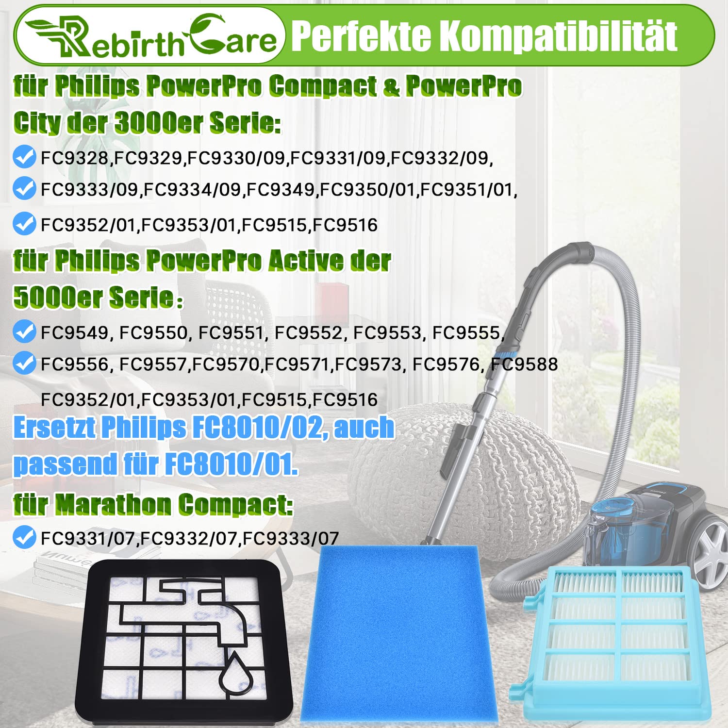 KEEPOW Kit Filtri Di Ricambio Per Philips PowerPro Compact FC8010/01, Confezione Da 3 (2 Filtri Allergia, 2 Motore, 2 Schiuma)