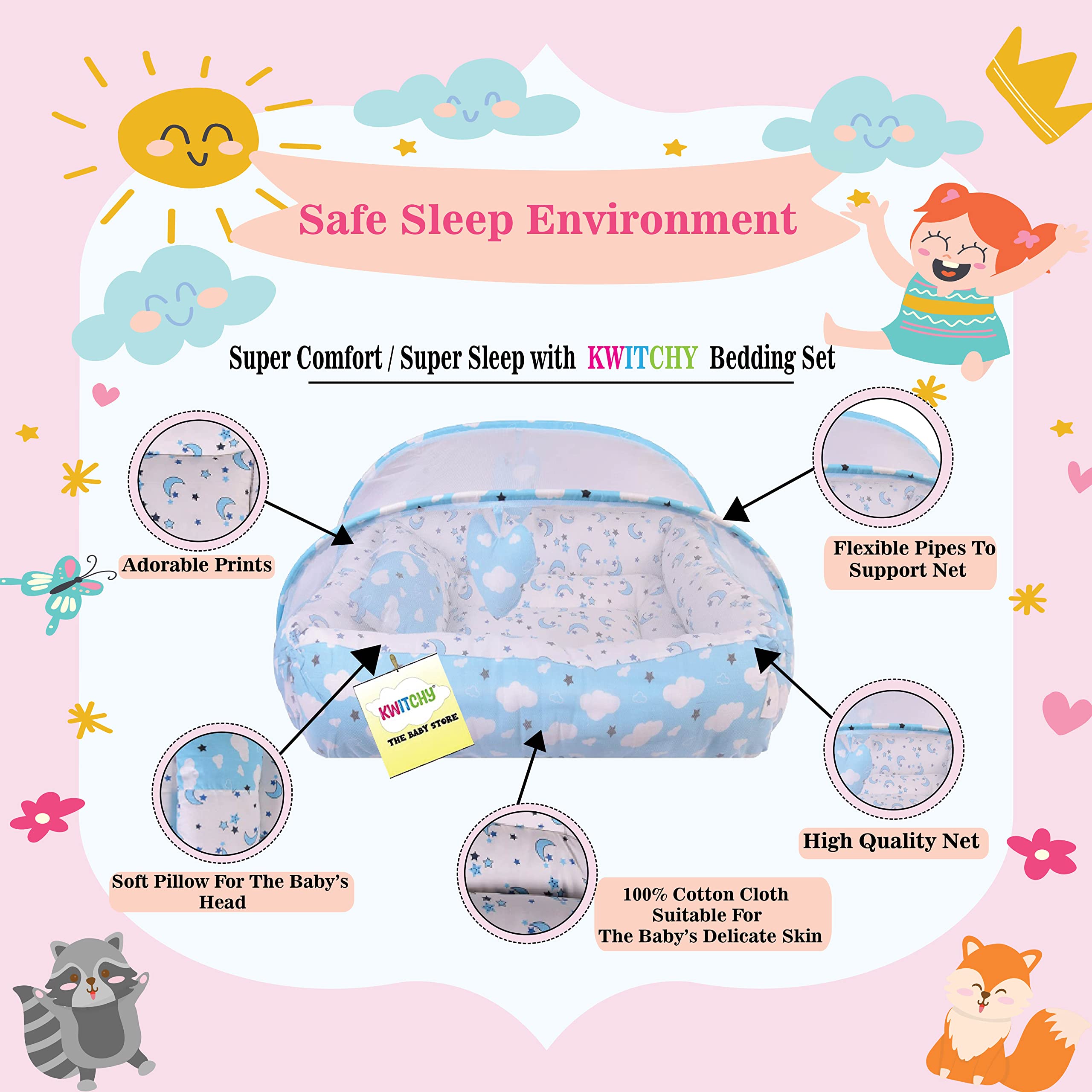 Kwitchy Baby Bed Bedding Set for New Born | Bed Mattress | Mosquito Net | Cotton | Travel Bed | Lounger | Essentials | Toddlers Infants | Gadda Set (0-12 Months) Blue 3