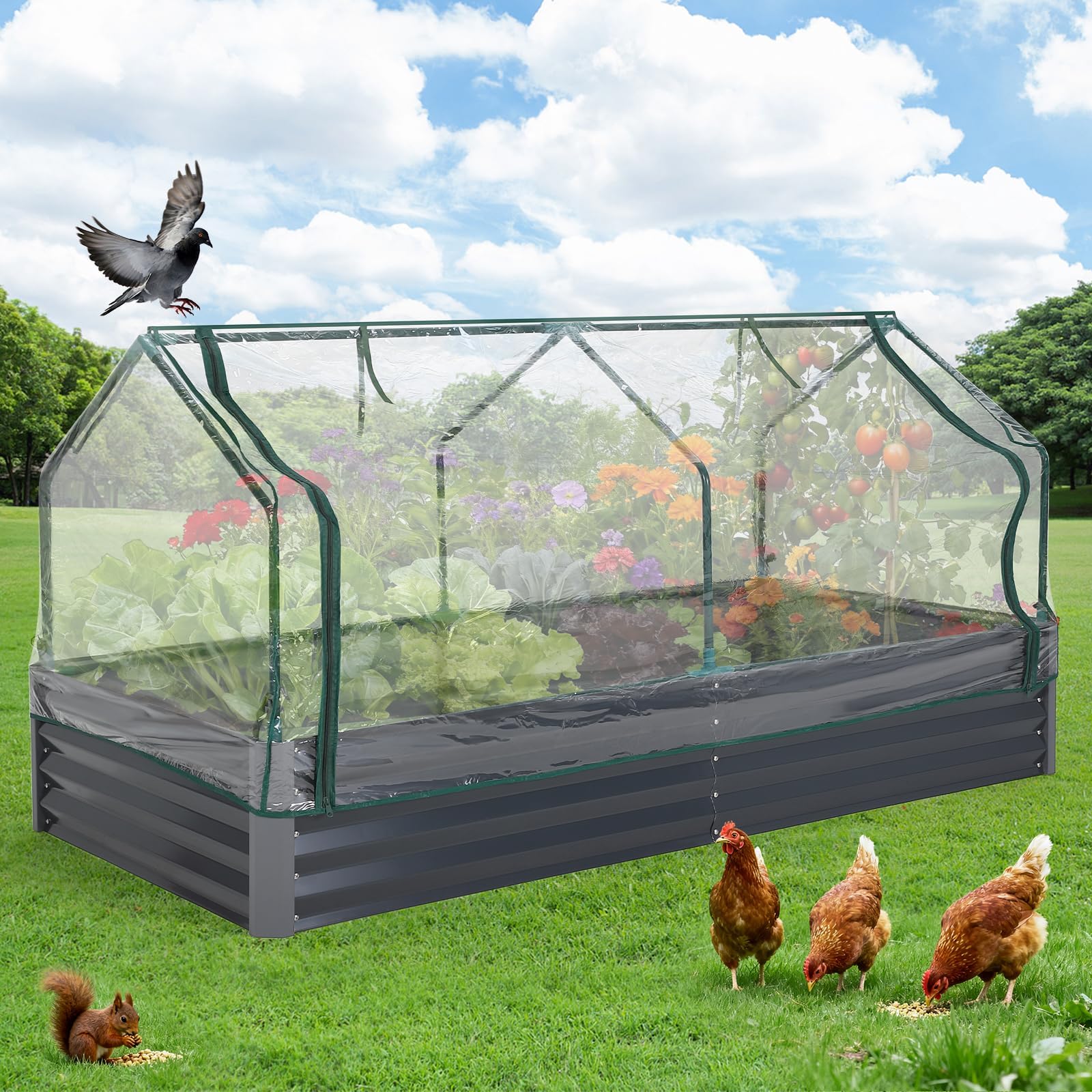 Carre Orto 180 x 90 x 30 cm, Orto rialzato in metallo zincato con rivestimento in PVC, fioriera per esterni, di grandi dimensioni, per verdure, piantine di erbe, fiori, grigio