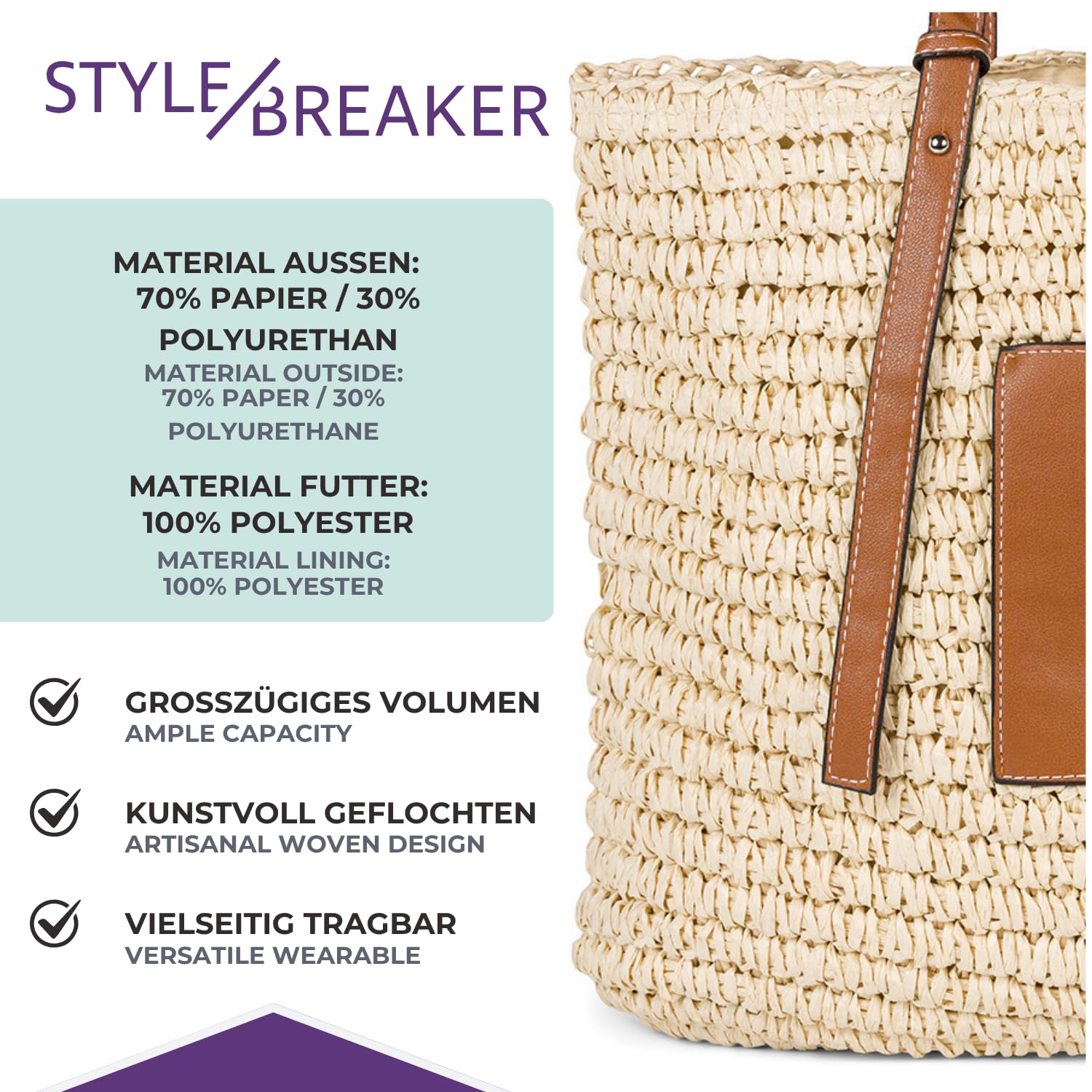 styleBREAKER Damen Schultertasche Bast Geflochten