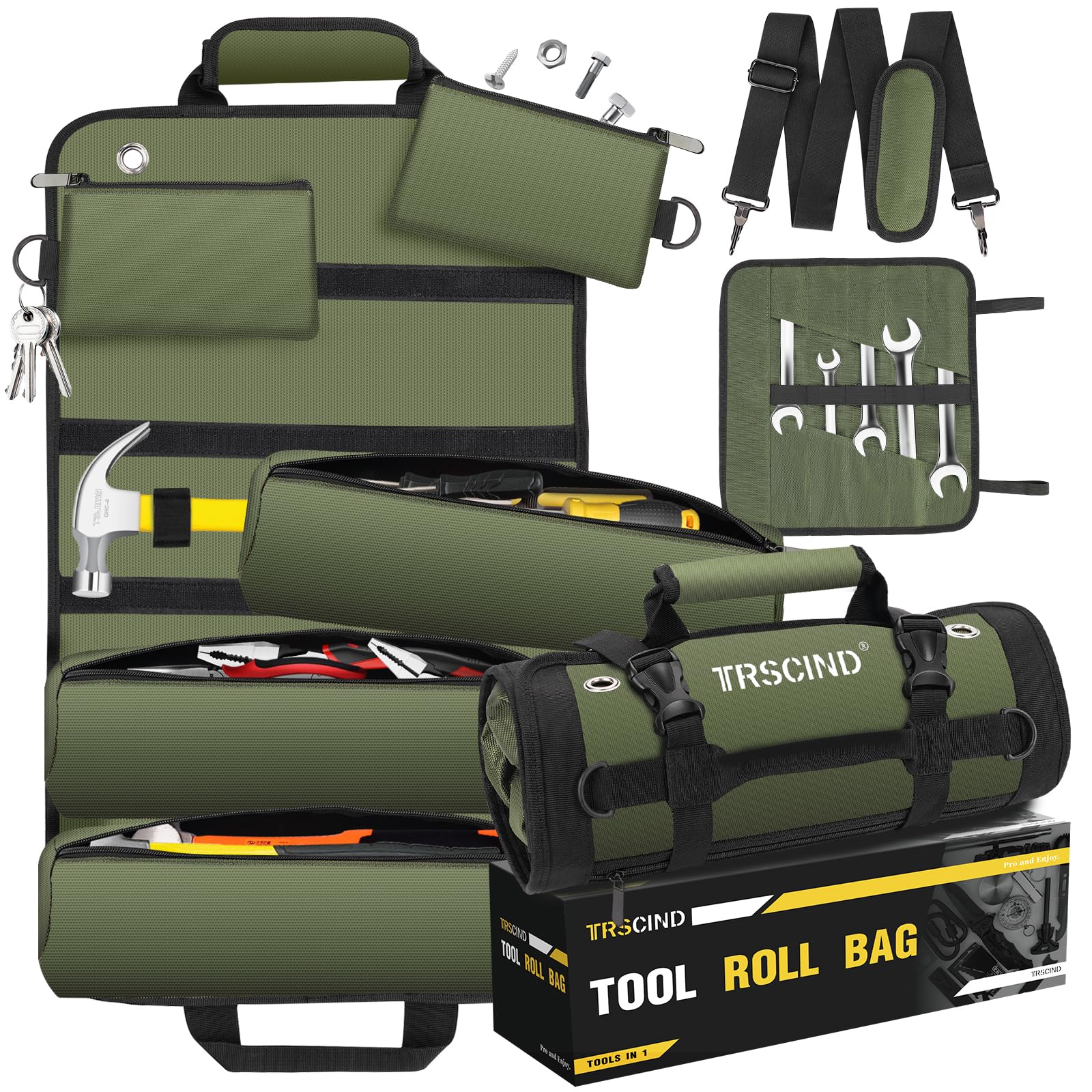 Tool Bag Roll Up, Tool Bag Organizer w/Detachable Pockets&Wrench Roll, Gifts for Men Dad Him Husband Anniversary, 1680D Heavy Duty Tool Pouch, Portable Tool Box for Car（Green）
