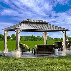Outdoor Patio Hardtop Gazebo with Netting,Galvanized Steel Double Roof Canopy