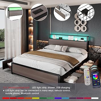 Miyemo Double Bed Frame with Storage Drawers, 4ft6 Metal Bed with LED-Lights and Charging-Ports, Multifunctional Wrought Iron Bed for Adults & Teenagers, 135 * 190cm, Grey, (No Mattress)