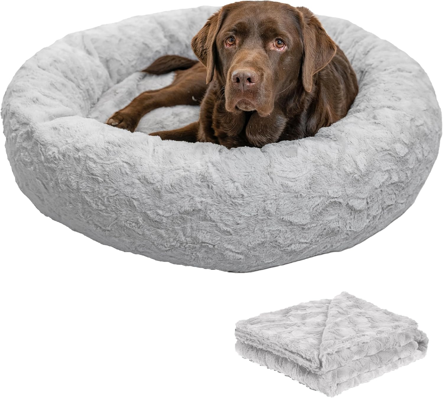 Best Friends by Sheri Bundle Set The Original Calming Lux Donut Cuddler Cat and Dog Bed + Pet Throw Blanket, Gray, Large, 36x36
