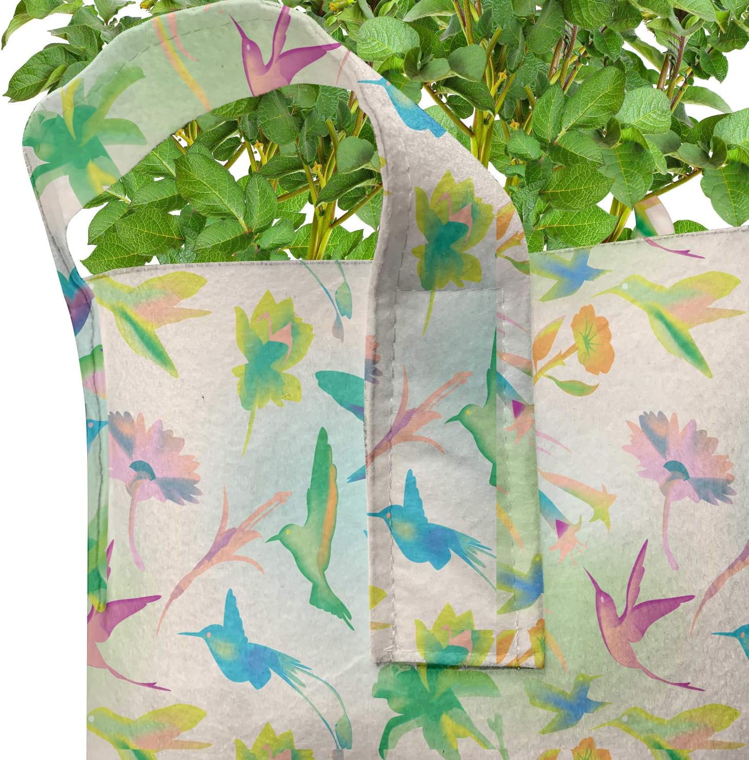 Lunarable Hummingbird Grow Bags 5-Pack, Exotic Summer Flowers, Heavyduty Fabric Pots with Handles for Plants, 7 Gallon, Multicolor