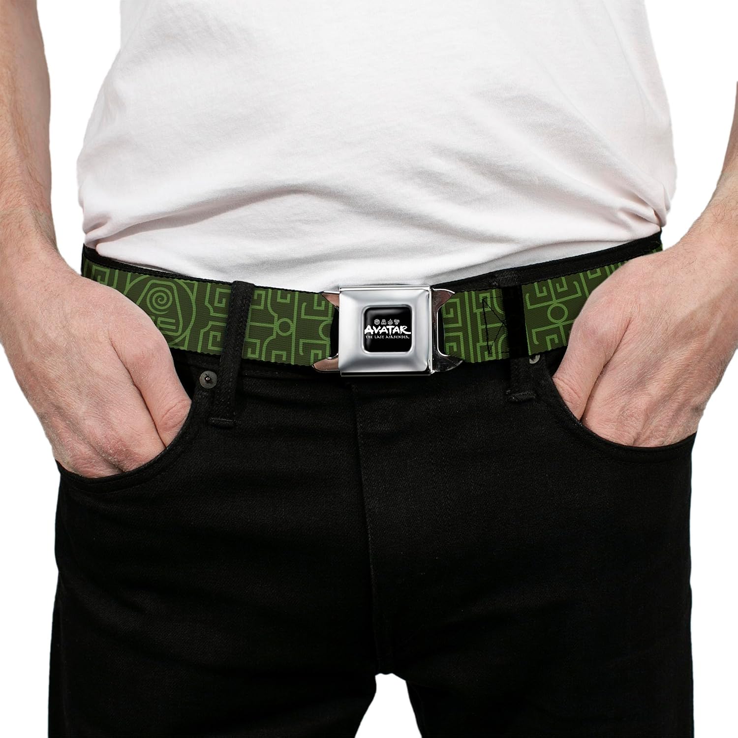 Nickelodeon Belt, Seatbelt Buckle Belt, Avatar Last Airbender Earth Element Symbol Black Olive Green, Adjustable