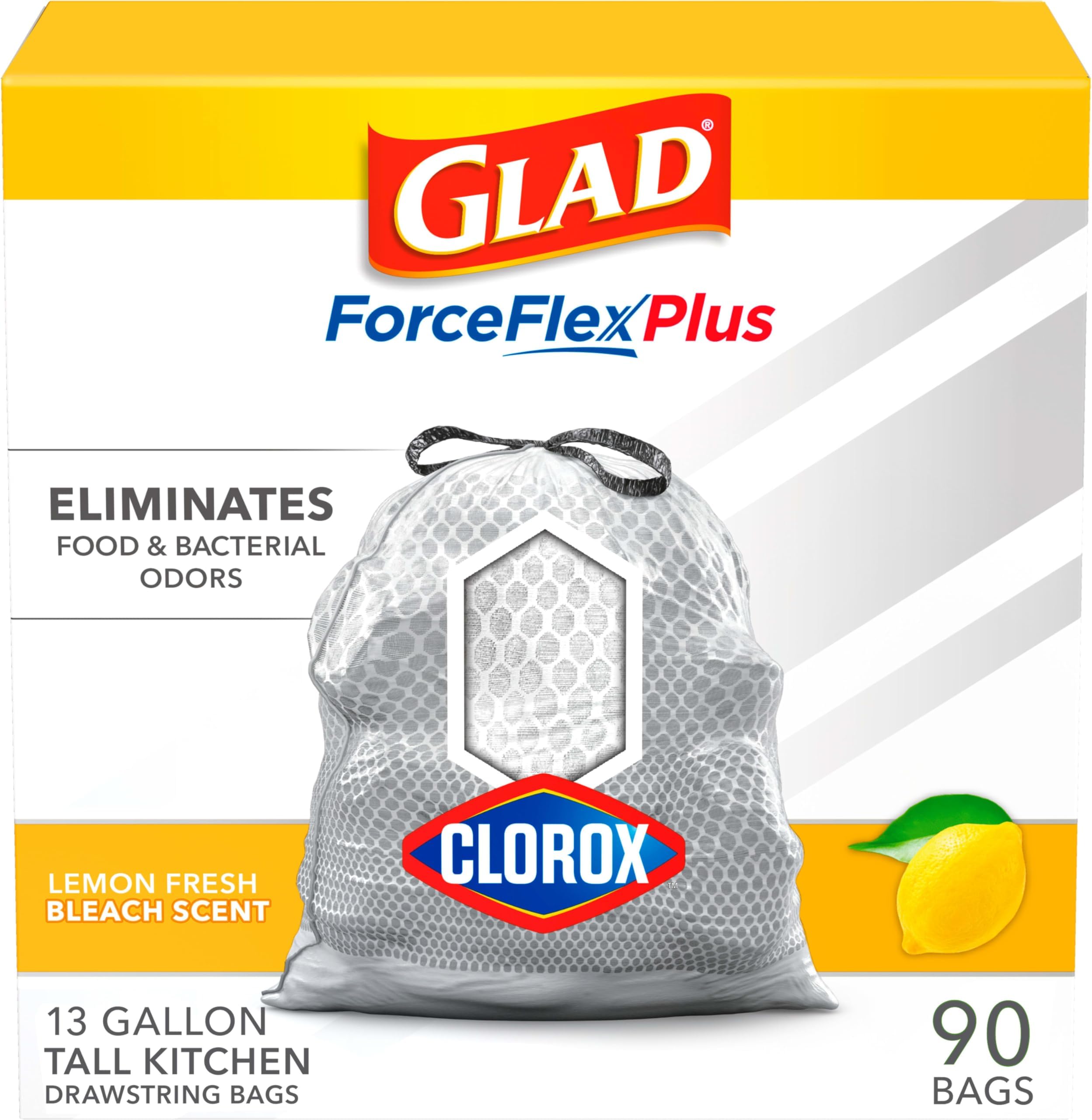 Tall Kitchen Trash Bags ForceFlex Plus With Clorox, 13 Gallon, Lemon Fresh Bleach Scent 90 Count