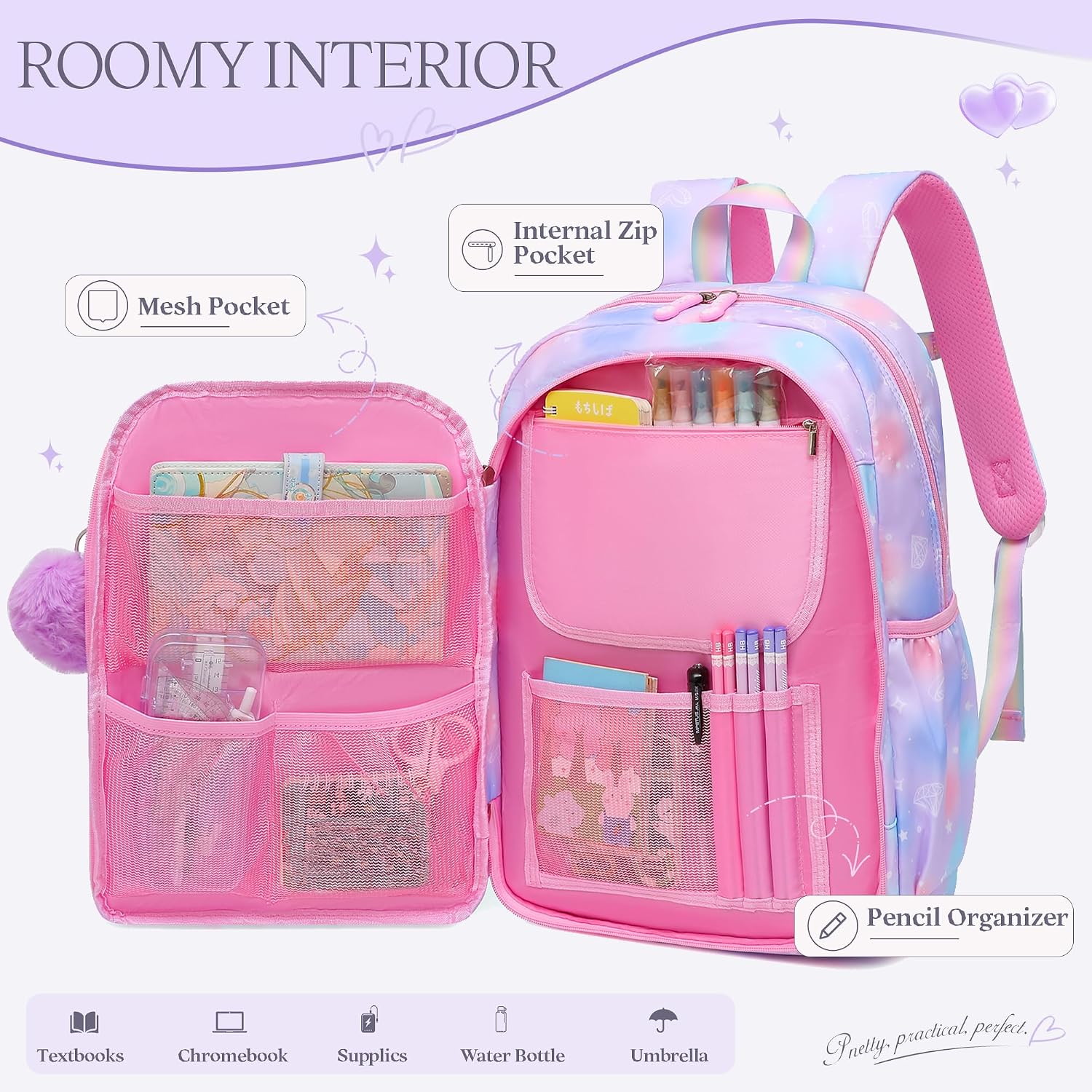 Alrisg Girls Backpack Set School Bookbag for Kids Elementary Middle School, Cute Backpack for Girls Purple