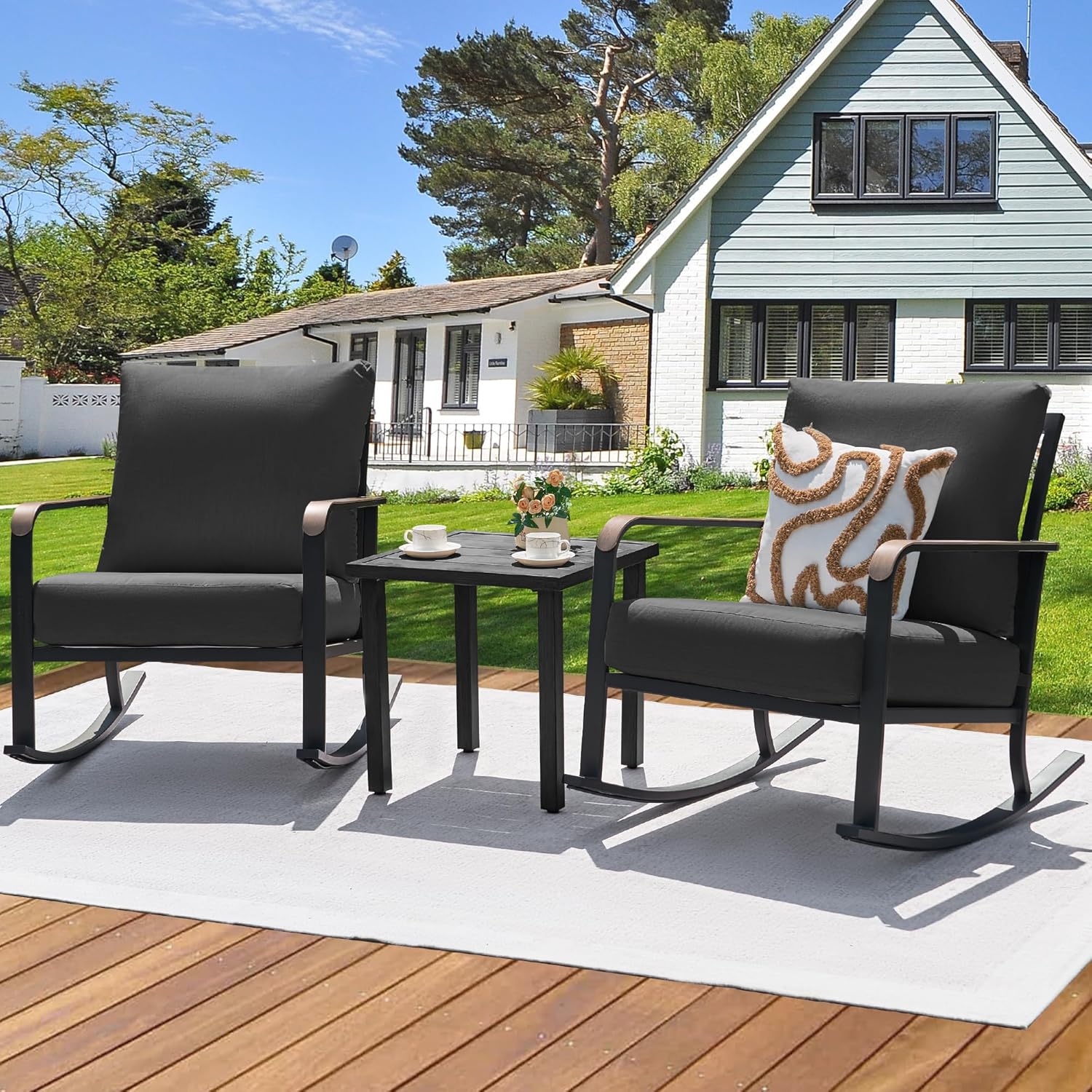 NATURAL EXPRESSIONS 3 Piece Patio Bistro Rocking Set, Outdoor Rocking Chairs with 350 lb Capacity, Thick 5.5" Olefin Cushions and Metal Coffee Table for Balcony, Porch, Backyard