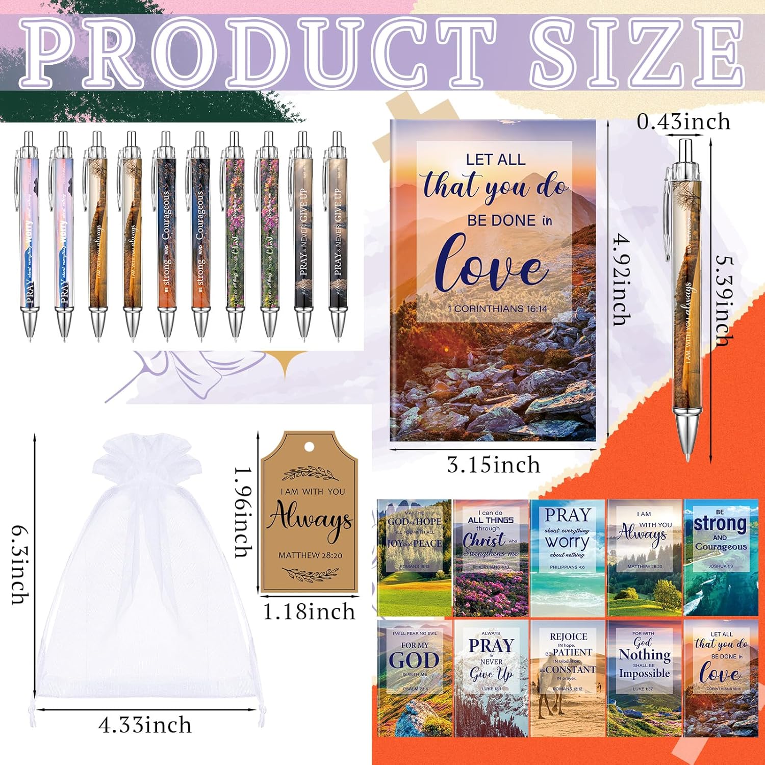 200 Pcs Christian Gifts Bulk Sets Bible Verse Religious Ballpoint Pen and Notebook Gift Set with Thanks Tags Organza Bag Gift Bulk for Women Church Christian Party Favors(Bright Color,Scenery) - Image 3