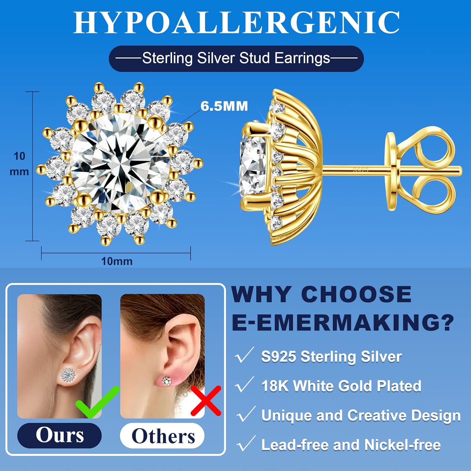 Moissanite Stud Earrings 0.2CT-8.0CT 18K White/Yellow Gold Vermeil D Color VVS1 Clarity Brilliant Round Cut S925 Sterling Silver Hypoallergenic Anniversary Day Valentines Gifts for Women Men - Image 8