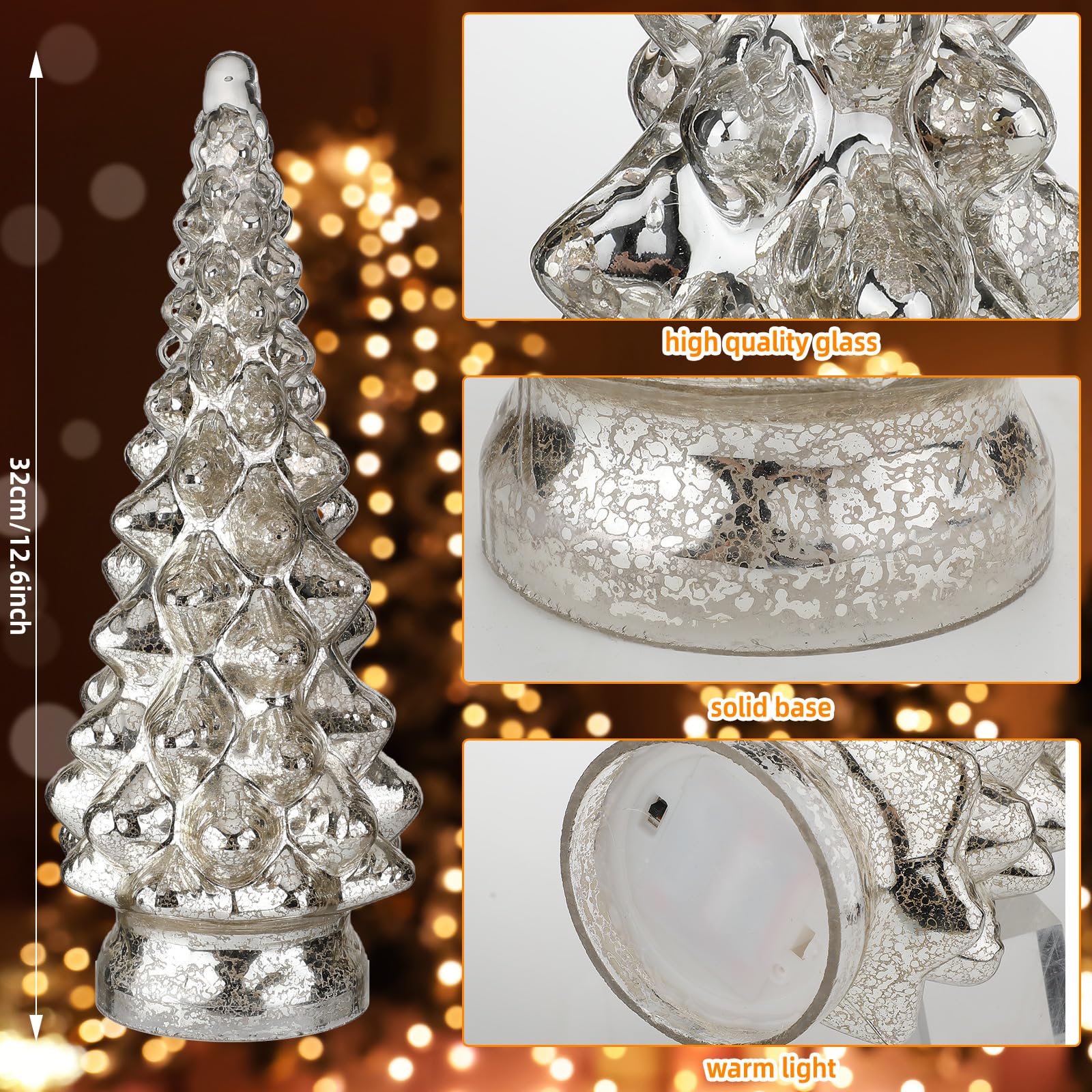 2 Pcs 12.6 Inch Lighted Glass Christmas Tree Figurine Battery Operated Silver Glass Christmas Tree Tabletop Xmas Decoration for Fireplace Mantel