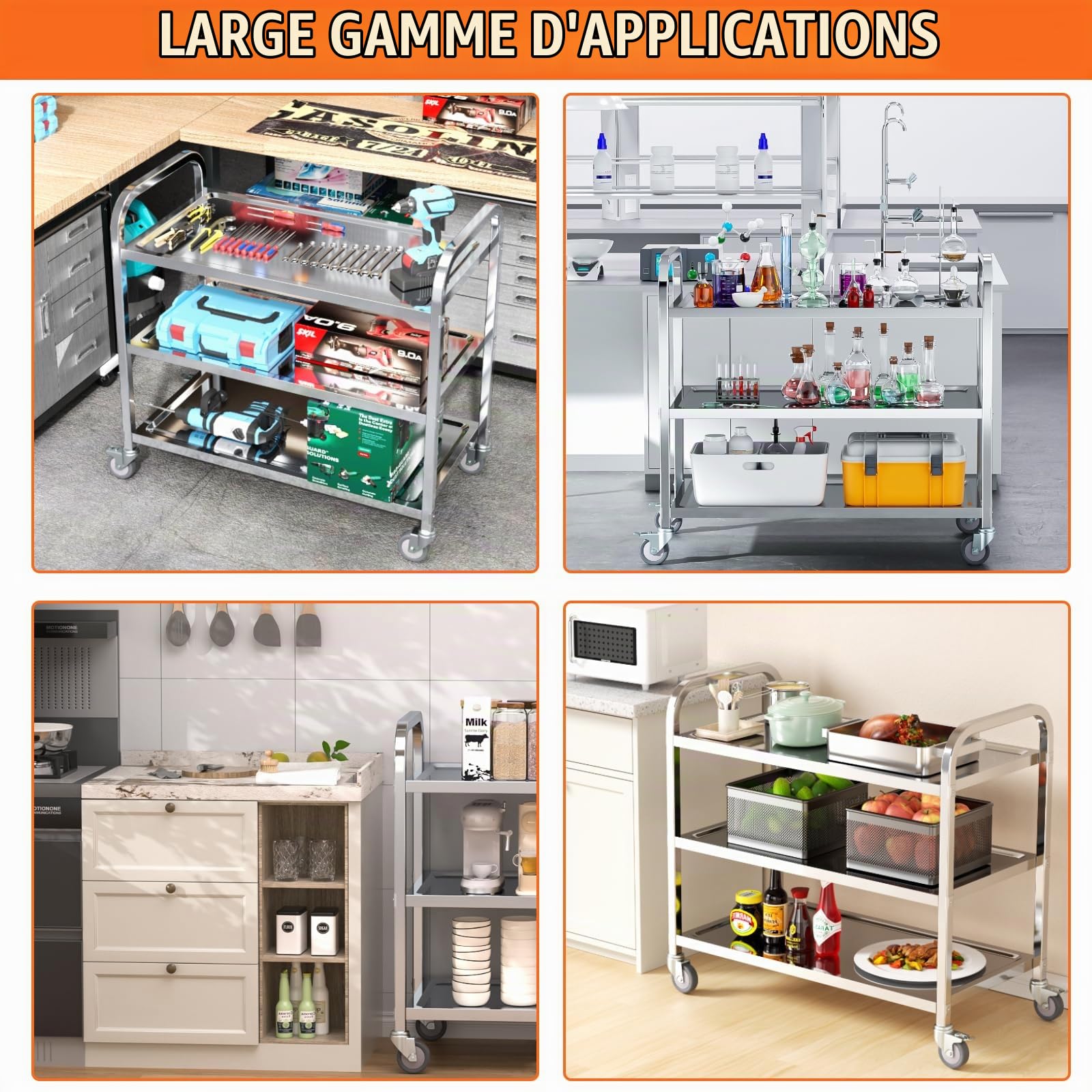 Desserte de Cuisine Chariot Roulettes75x40x83.6 cm, 3 étagères, Acier INOX,Charge 181 kg, 4 Roues Pivotantes 2 avec Freins Déplacement Silencieux pour Rangement Clinique Cuisine Hôtel Salon de Beauté
