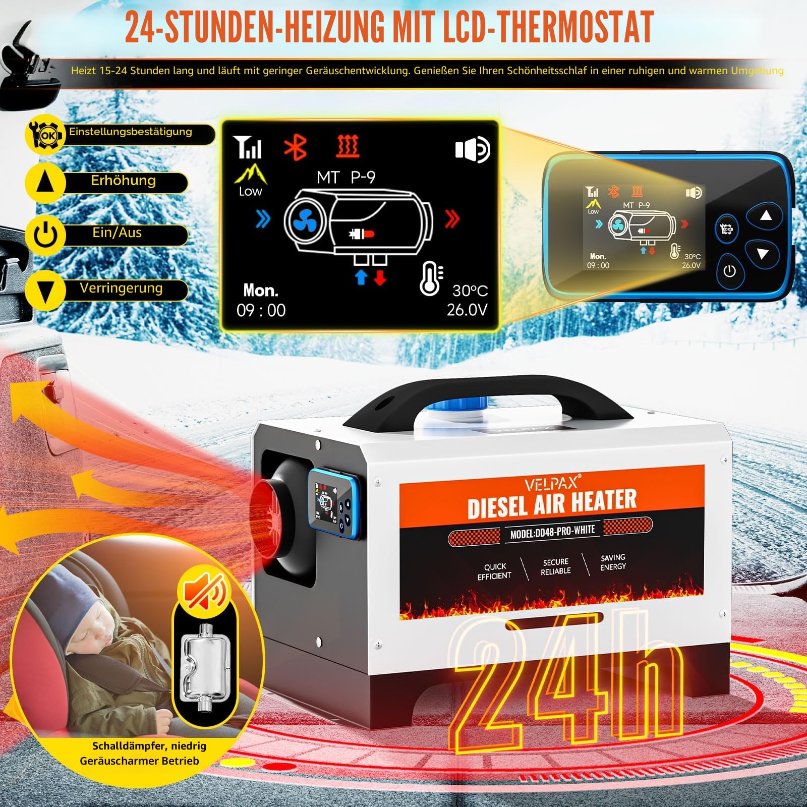 VELPAX Diesel Air Heater All in One 8 kW Diesel Heater with Remote Control & LCD Switch Display 12 V & 24 V & 110-240 V Bluetooth App Quick Heating for Motorhome, Car Trailersts