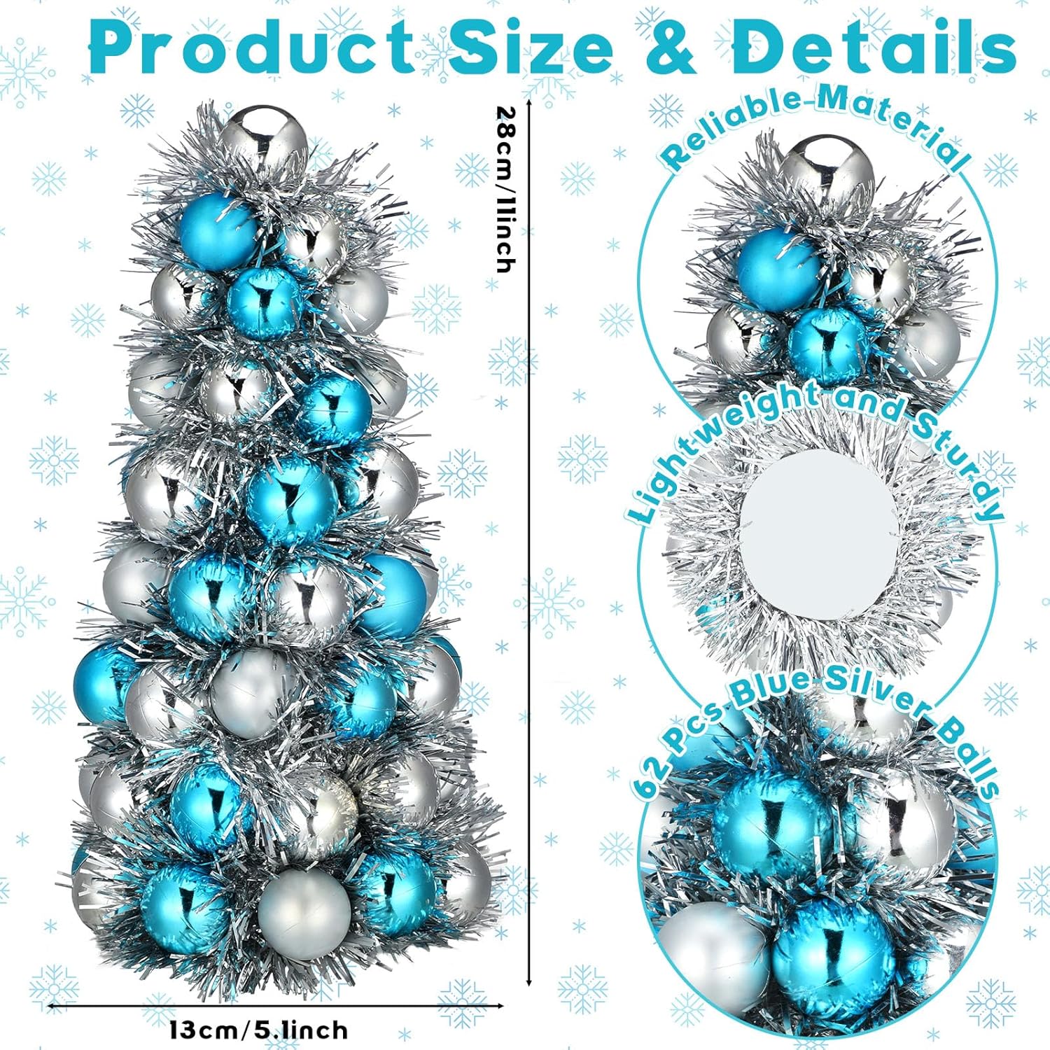 Cinnvoice Small Christmas Tree Decoration 11'' Tabletop Silver Christmas Tree with 62 Balls Ornaments for Home Office Table Fireplace Xmas Decor(Teal Blue)