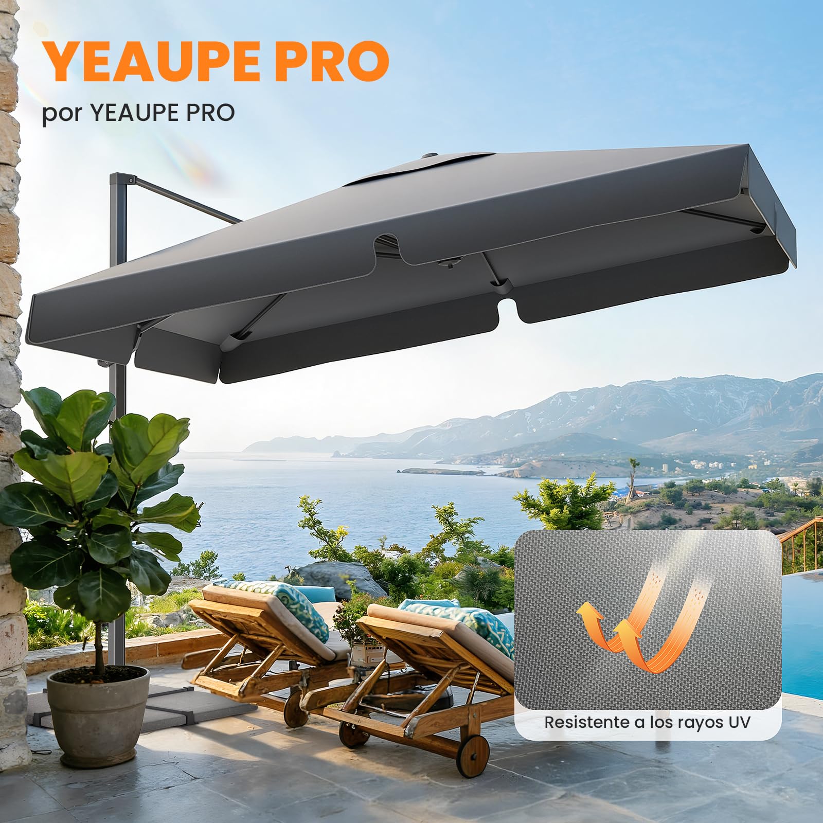 YEAUPE PRO Sombrilla Terraza Exterior 3x3m Giratorio 360°, Parasol Jardín con Altura Ajustable, Sombrilla Grande Cuadrado para Patio, Jardín y Piscina con Protección UV 50+, 300 x 250 cm