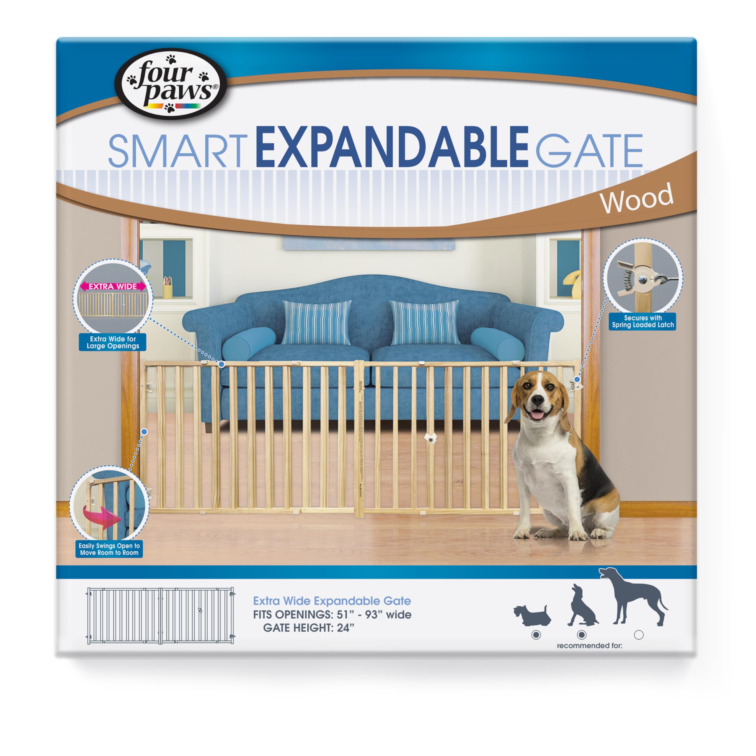 Four Paws Vertical Wood Slat Dog Gate, 51-93" W by 24" H