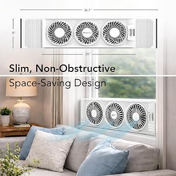 Comfort Zone Triple Window Fan with Adjustable Thermostat | 3-Speed High-Velocity Cooling | Horizontal or Vertical Manual Control | Fits Double Hung Windows (Min 25 x 8) | Fully Assembled | White