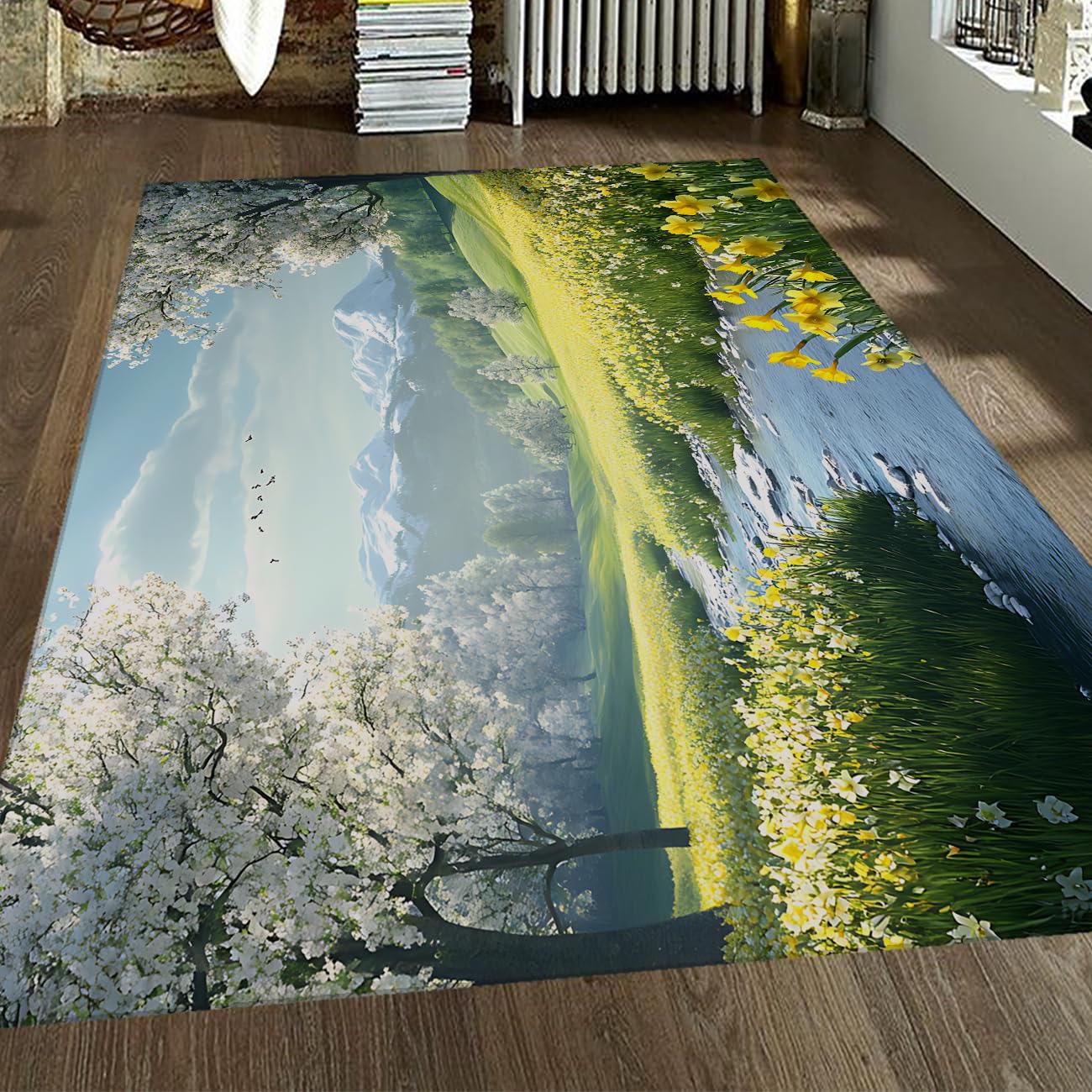 Tapis fleurs blanches et jonquilles pour une ambiance de maison fraîche