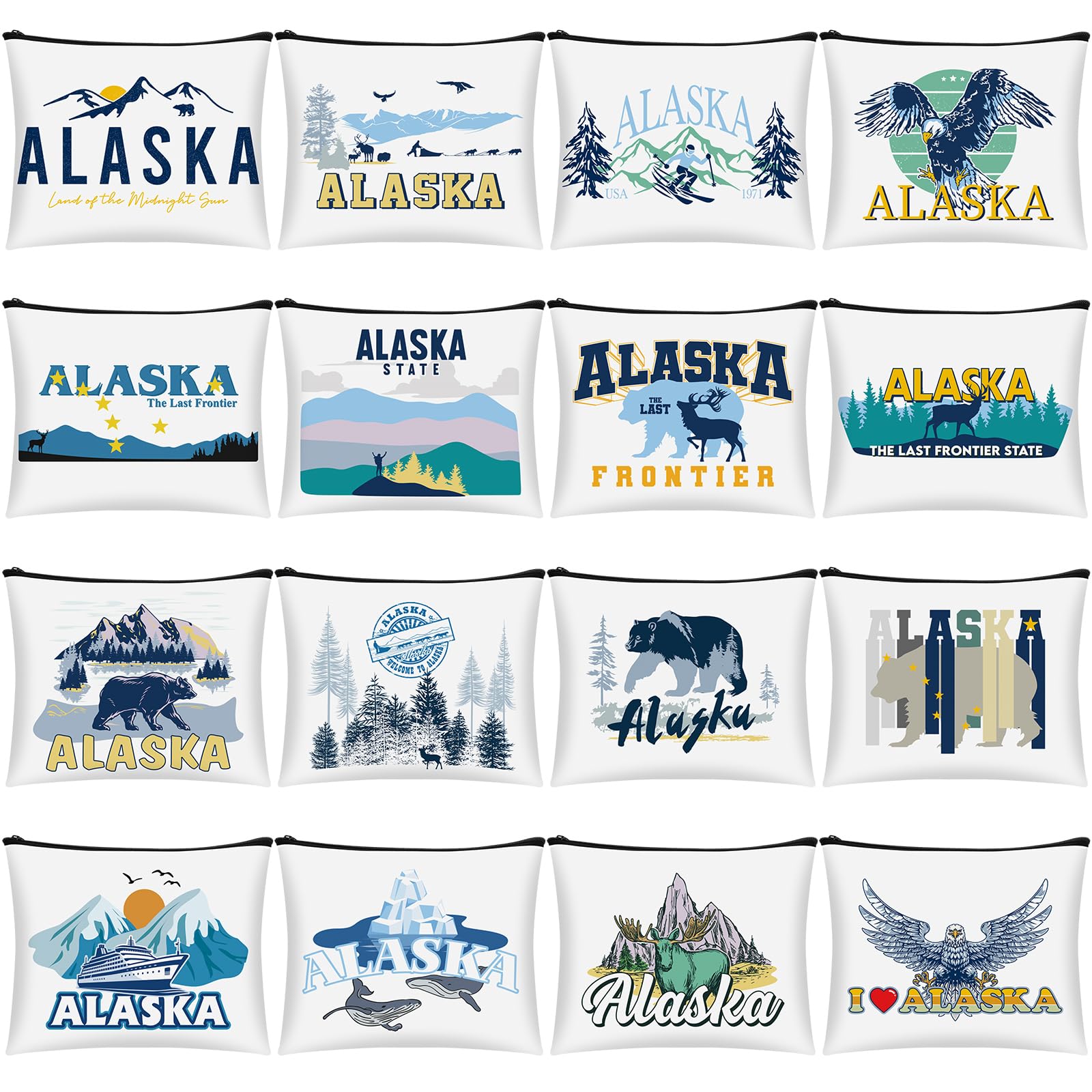 16 Pcs City Cosmetic Bag New York Souvenir Gifts Makeup Bag Italy Los Angeles Travel Vacation Zipper Pouch Purse for Women Birthday Trip Gifts Party Favors, bright color, Alaska