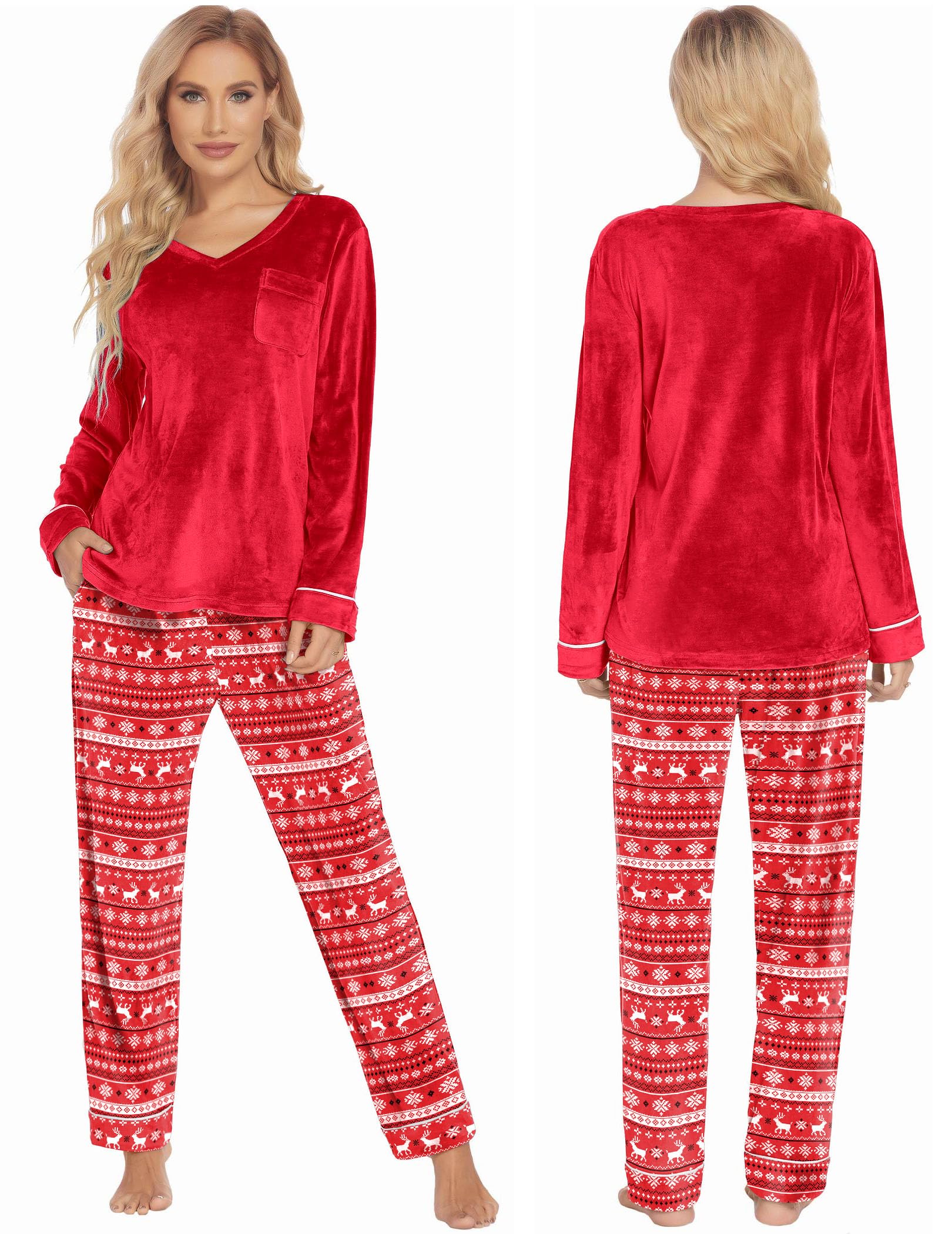 Ekouaer Conjunto de pijama a juego para parejas, conjunto de pijama de terciopelo para hombres y mujeres, ropa de dormir de manga larga de terciopelo, tallas S-XXL, Rojo