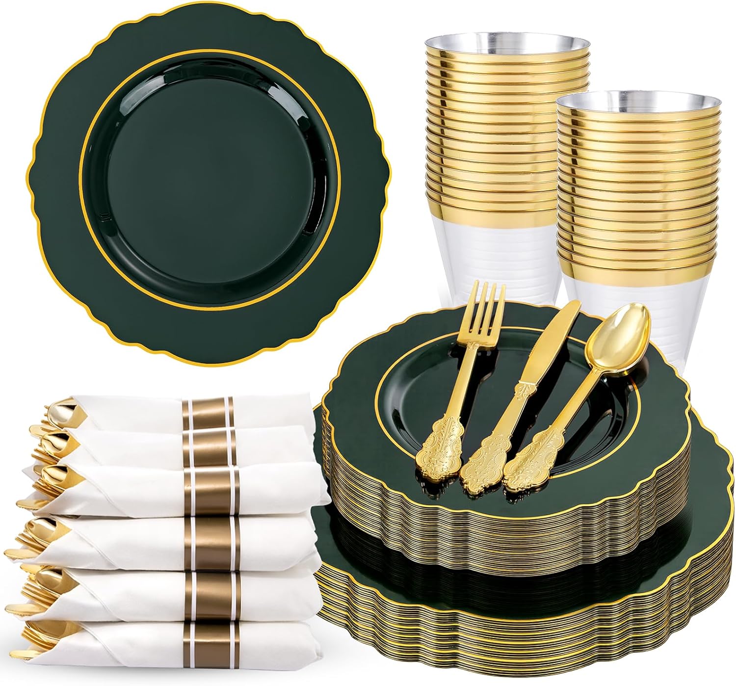 Liacere 175PCS Green Plastic Plates - Emerald Green Disposable With Gold Rim - 25Guest Baroque Plastic Dinnerware include 50Plates-25Pcs Pre Rolled Napkins with Silverware 25Cups for Party & Wedding