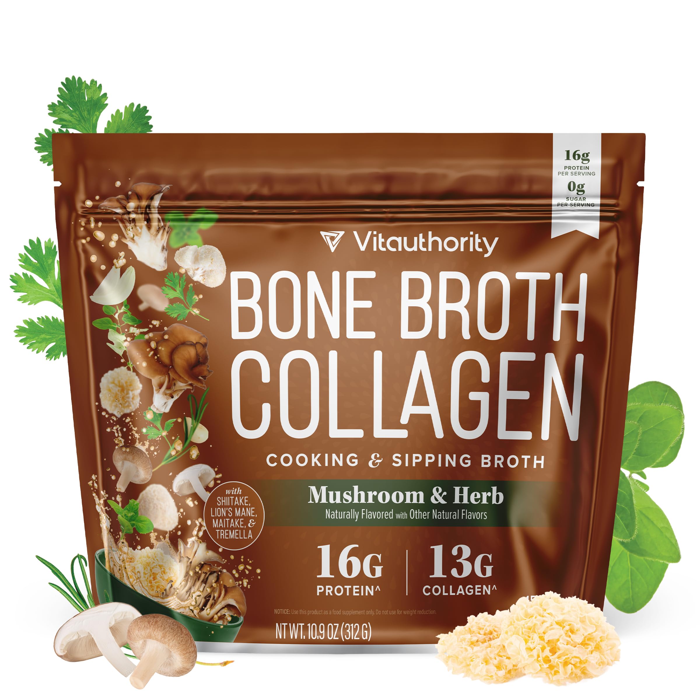 Bone Broth Collagen Powder 16g Collagen Protein per Serving Supports Joints Skin Nails & Gut Health Made from Real Beef Bone Broth Savory Collagen for Soups & Stews Mushrooms Herb Flavored 15 Servings