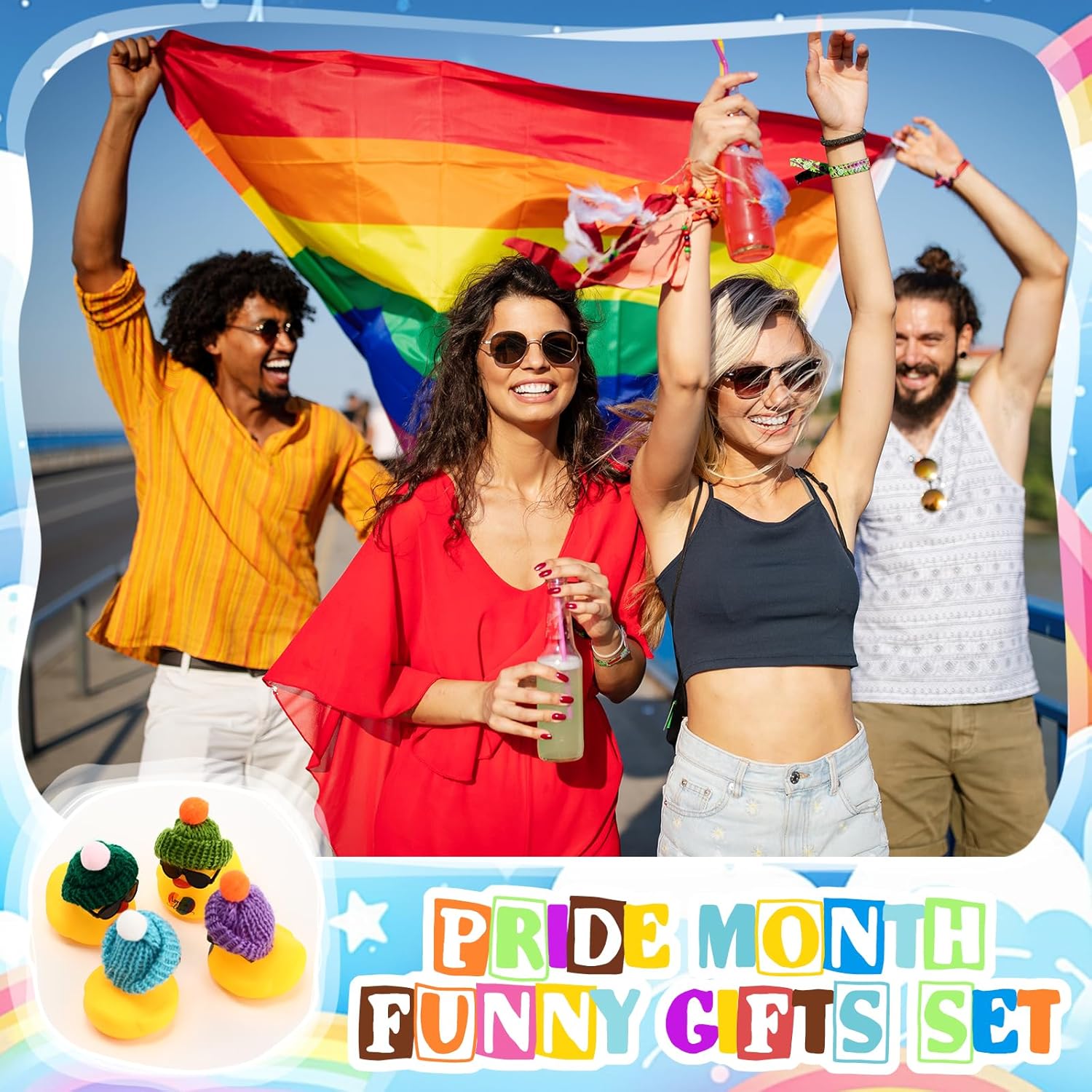 Liliful 48 Sets Rainbow Lgbt Pride Gifts Love Is Love Sign Mini Rubber Ducks with Glasses and Hats Be Yourself Positive Cards with Organza Bag Gay Gifts for Women Men Parades Rainbow Festival