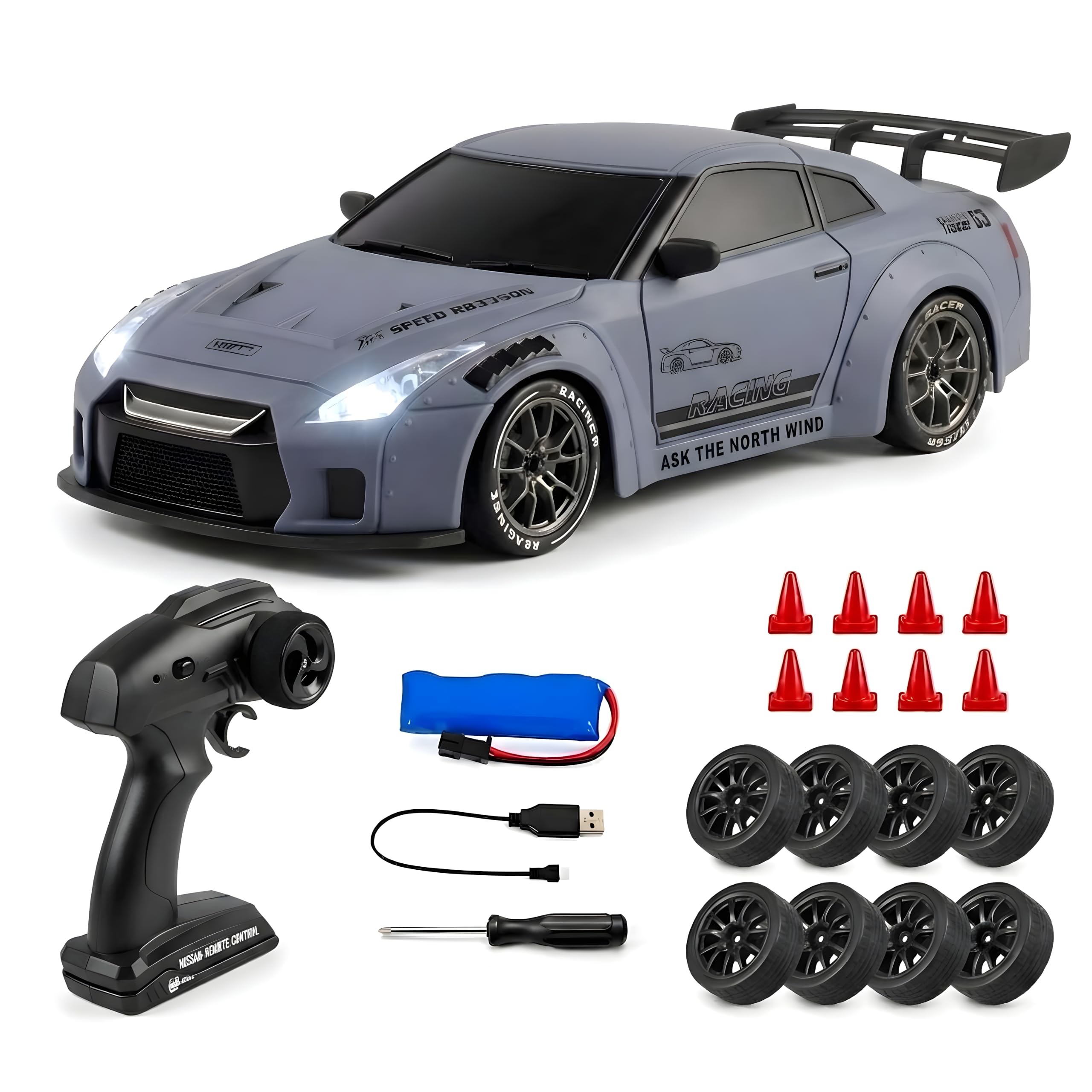 FLYTEK RC Drift Car 4x4 Four Wheel Drive 2.4 GHz Remote Control | Drifting & Racing Tyres, Includes Obstacles, USB Rechargeable, Extra 4 Tyres & Cones, Rechargable car,-image-8