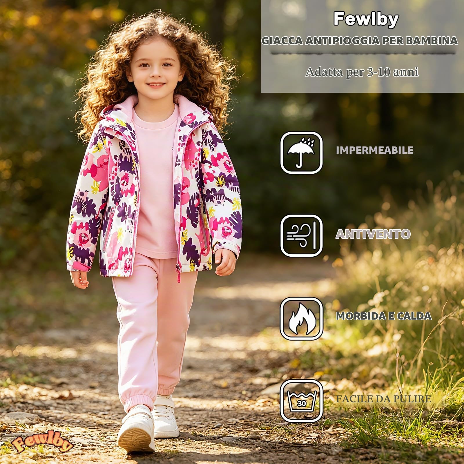 Fewlby Giacca Impermeabile con Cappuccio, Bambini Giacca a Vento Impermeabile con Cappuccio Cappotto Foderato in Pile Ragazze Capispalla, 9-10 Anni