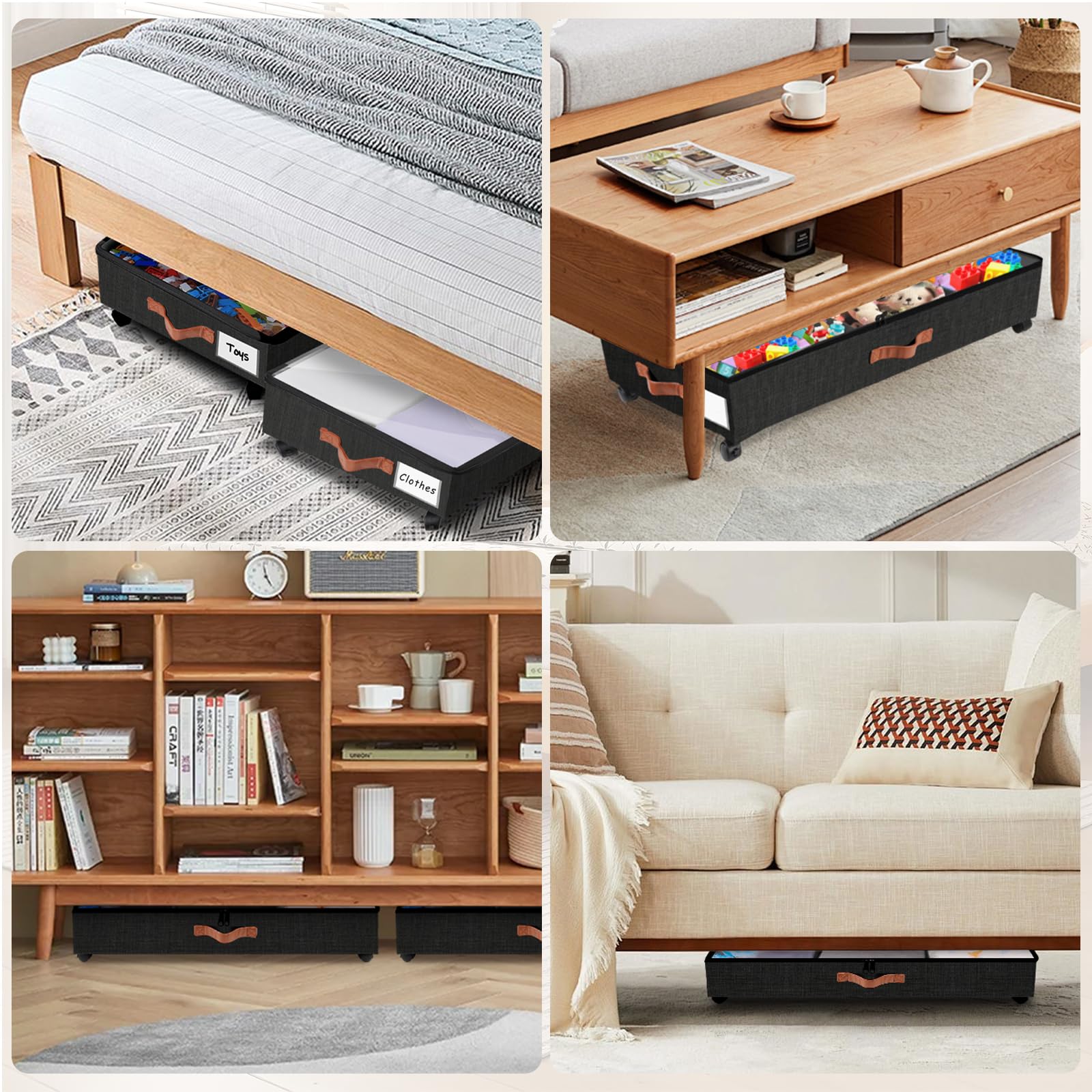 2 Pezzi Contenitori Sottoletto con Ruote, Nero 38L Grande Contenitore Sotto il Letto con Coperchio Finestra Visibile Telaio in Metallo Scatola Sotto Il Letto per Vestiti Giocattoli Coperte