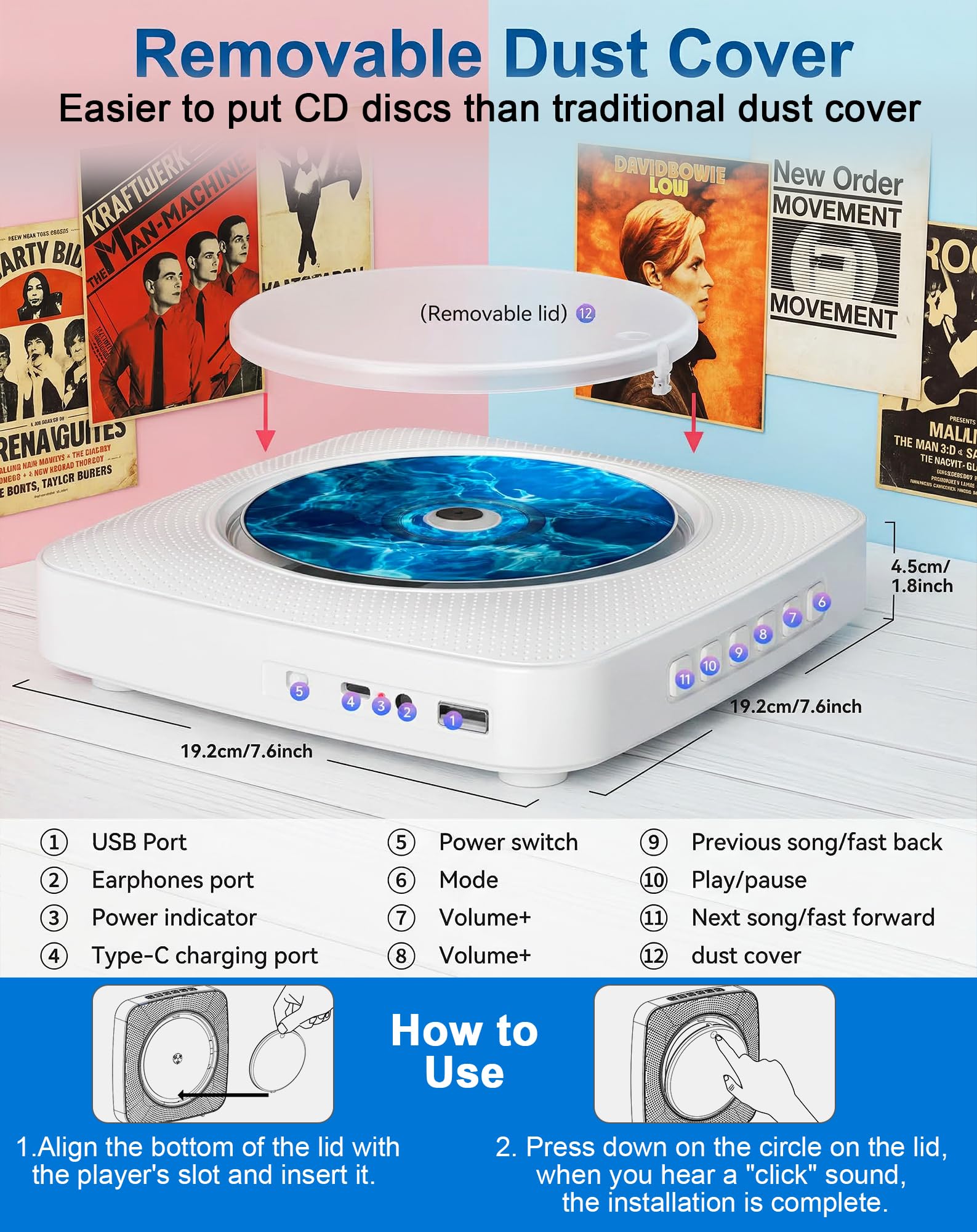 Lecteur CD Portable Bluetooth avec Radio, Haut-Parleur intégré, Prise en Charge USB et AUX, télécommande et Housse de Protection, Blanc