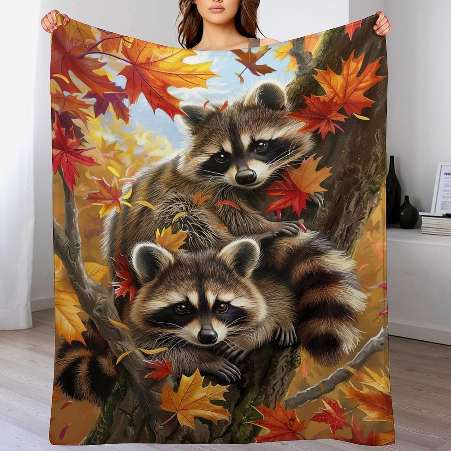 Raccoon Blanket Funny Raccoons Gifts for Girls Boys Woman Kids Raccoon Lover Maple Leaf Throw Blankets Soft Blanket Warm Fleece Flannel Plush Blankets for Bed Sofa Couch 60"x80"