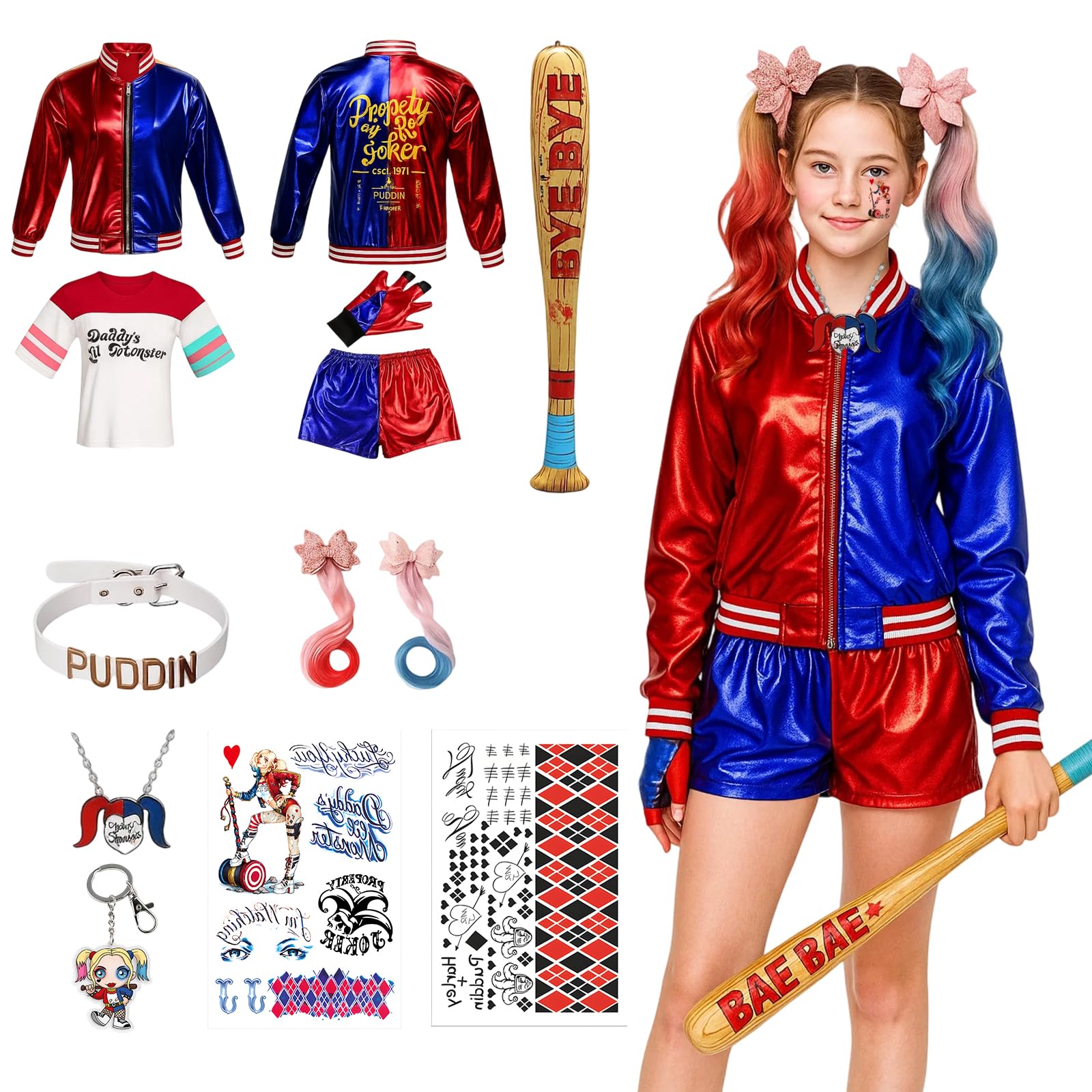 Harley Kostüm Kinder, Halloween Kostüm kinder, 11Stück Set für Mädchen, Karneval Kostüm für Kinder Cosplay Clown Kostüm für Karneval Cosplay Faschings Halloween(120CM/130CM/140CM)