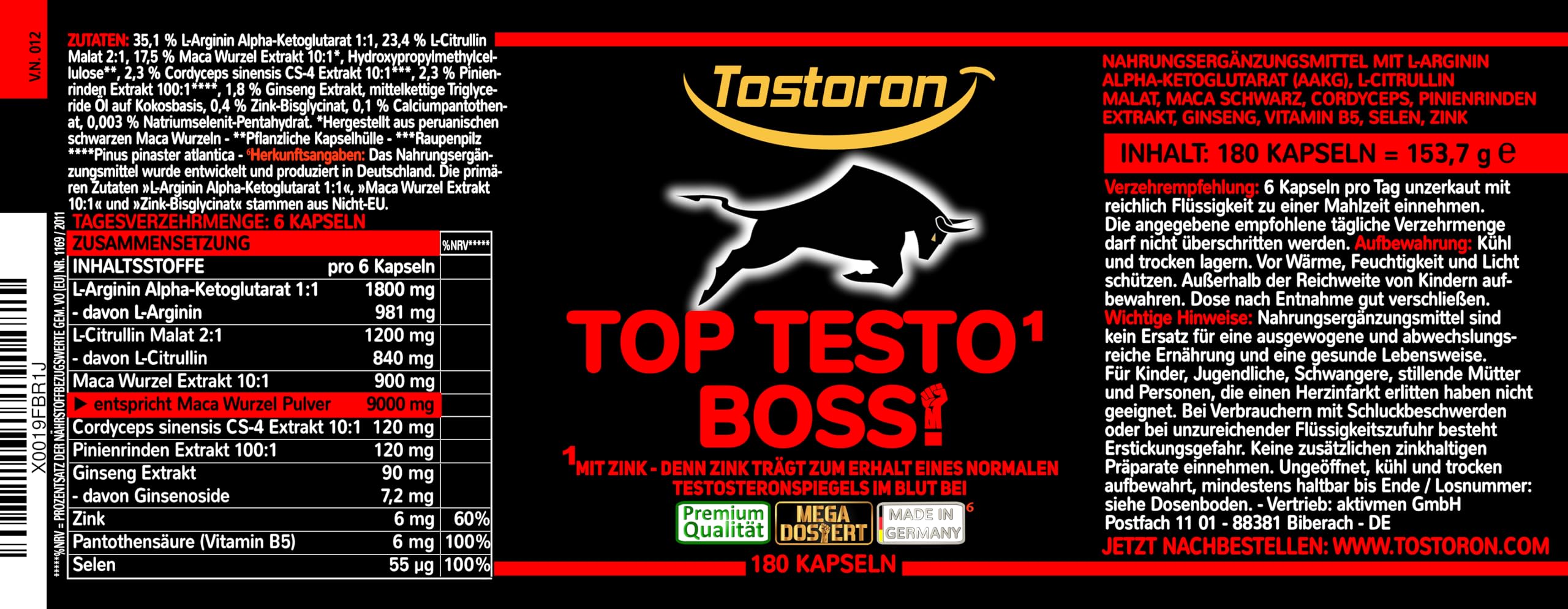 TOP TESTO¹ BOSS! MACA SCHWARZ HOCHDOSIERT ¹Zink trägt zum Erhalt eines normalen Testosteronspiegels bei - 180 Kapseln + L-Arginin L-Citrullin Ginseng Cordyceps Pinienrinden Extrakt - 1 Dose = 1x153,7g