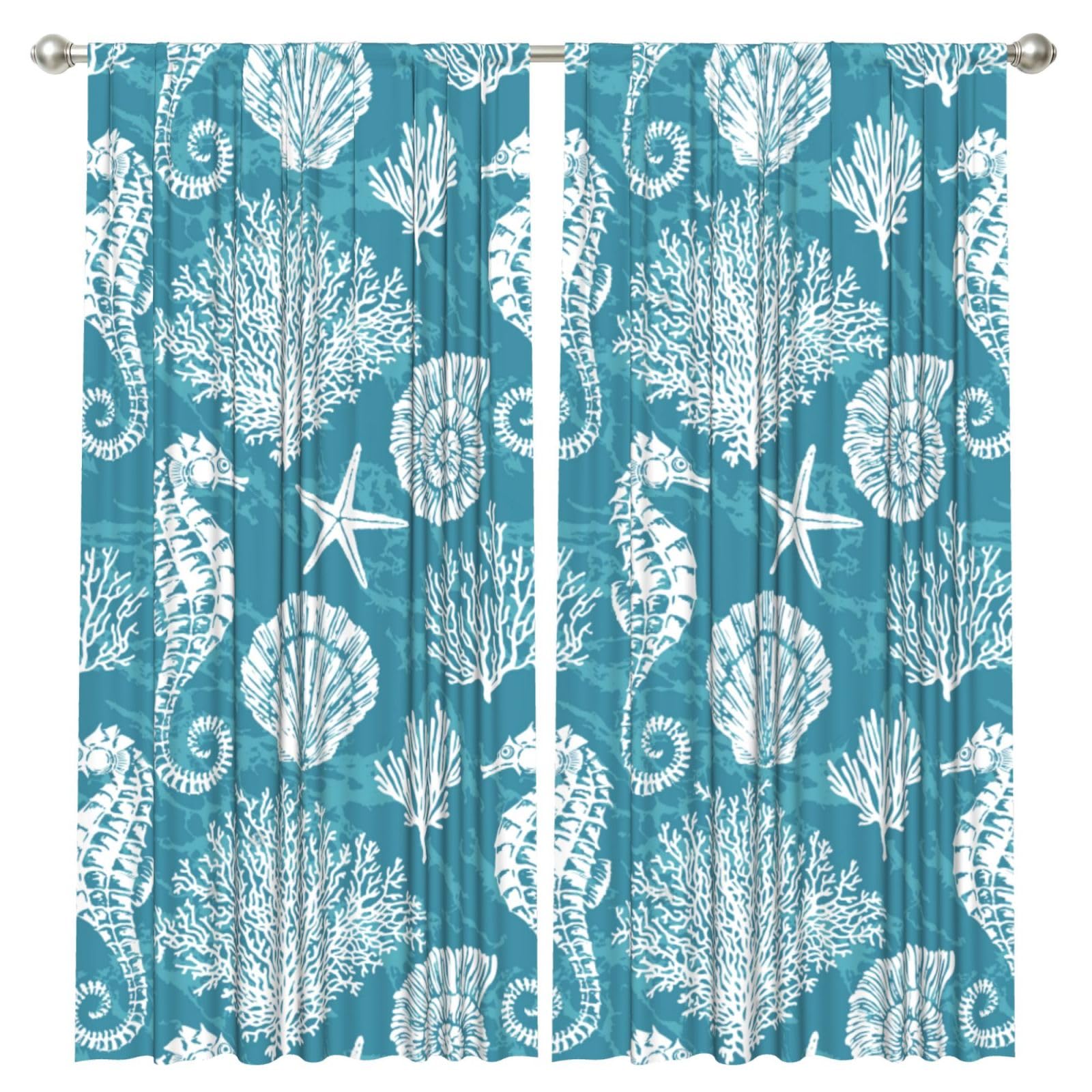 InOmak Sea Shells Seahorse Coral, 2 Panels Window Curtains 52 x 84 Inch Blackout Curtains for Living Room Bedroom