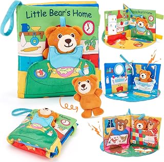 hahaland Interactive Baby Book 6-18 Months - Touch Feel Sensory Tummy Time Toy with Bear Puppet, Crinkle Sounds, Peekaboo Flaps