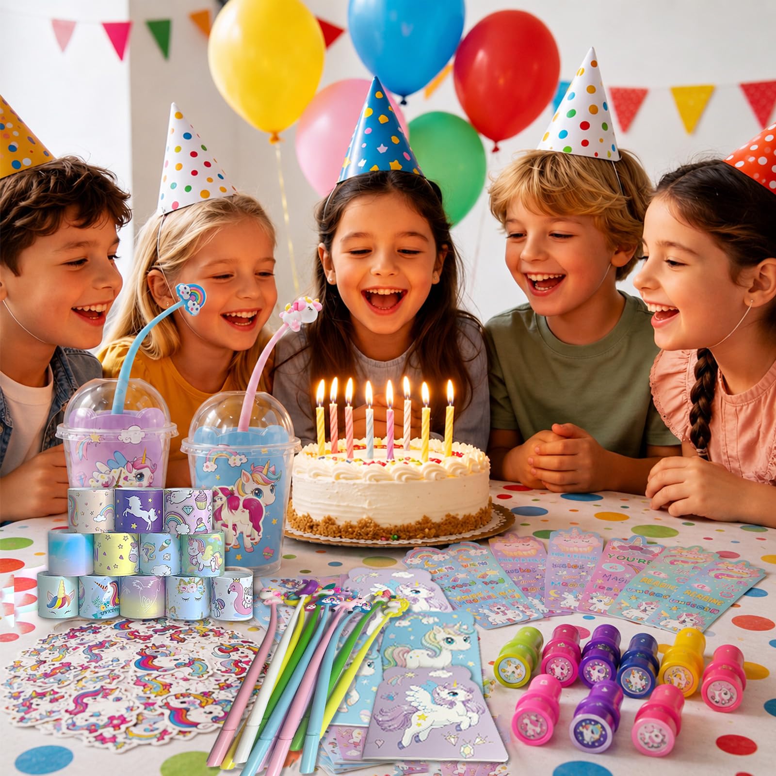 Mepmela Confezione da 24 sacchetti con unicorno, per feste di compleanno, set con coppe, mini quaderni, penne shaker per pignatta, regali in classe, premi, sacchetti regalo