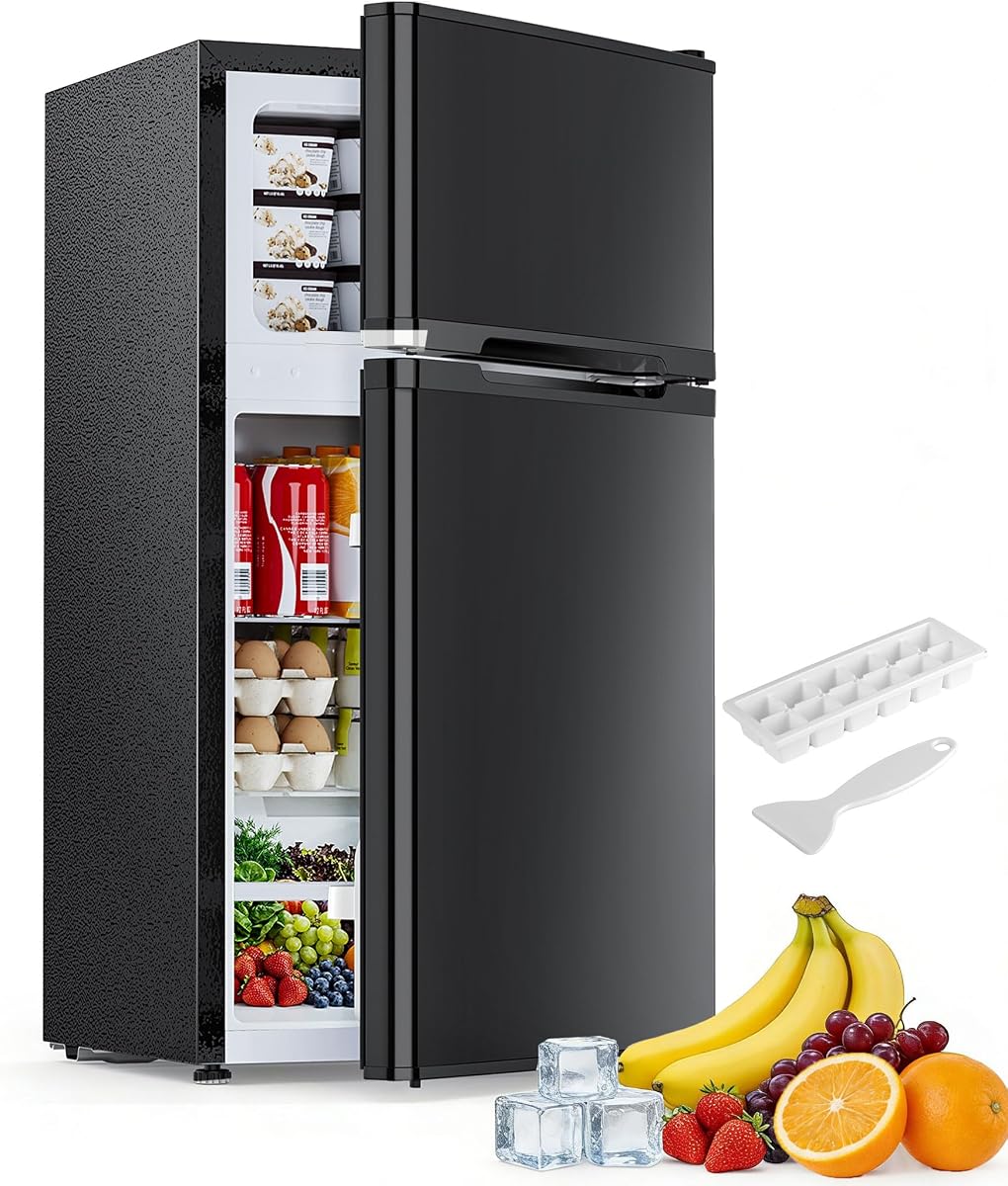 2.5 Cu.Ft Mini Fridge with Freezer, Double-Door Compact Refrigerator, Adjustable Glass Shelves, Mechanical Thermostat & Leveling Feet, Space-Saving for Apartment/Dorm/Office, Black