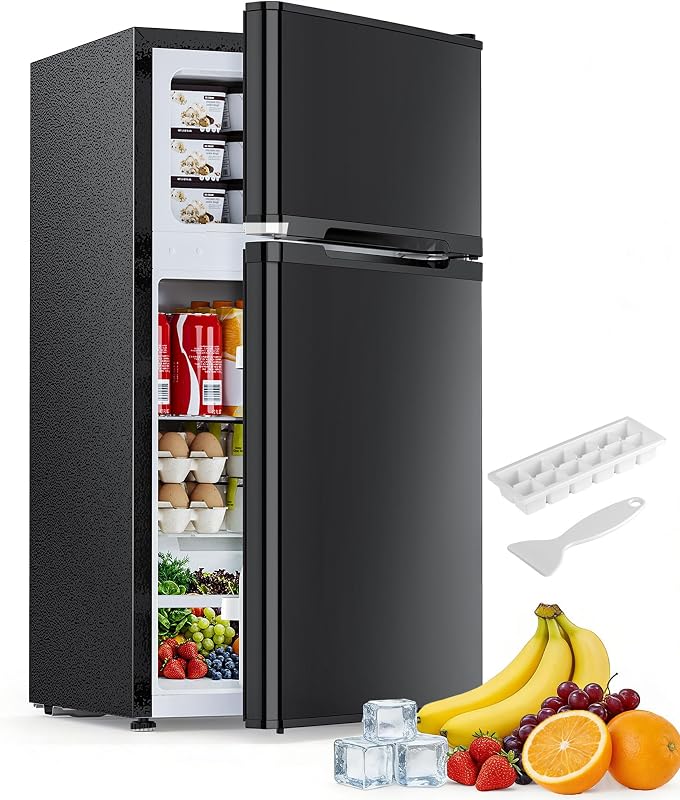 2.5 Cu.Ft Mini Fridge with Freezer, Double-Door Compact Refrigerator, Adjustable Glass Shelves, Mechanical Thermostat & Leveling Feet, Space-Saving for Apartment/Dorm/Office, Black
