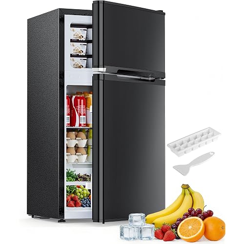 Electactic 2.6 Cu.Ft Mini Fridge with Freezer, Double-Door Compact Refrigerator, Adjustable Glass Shelves, Mechanical Thermostat & Built-in Casters, Space-Saving for Apartment/Dorm/Office, Black