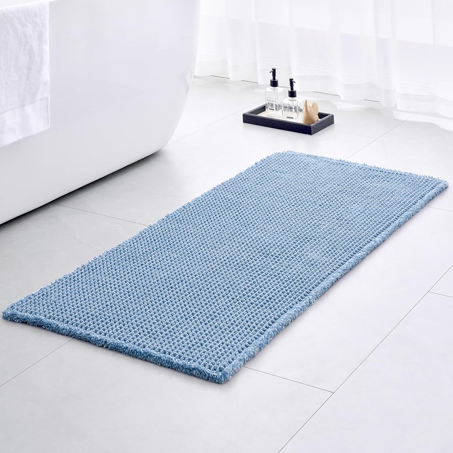 Waffle Bath Mat Non Slip Washable, Super Absorbent Quick Dry Boho Bathroom Rugs with Tassels, High Density Non Slip Backing, Luxury Carpet for Tub&Shower 24x16, Light Grey