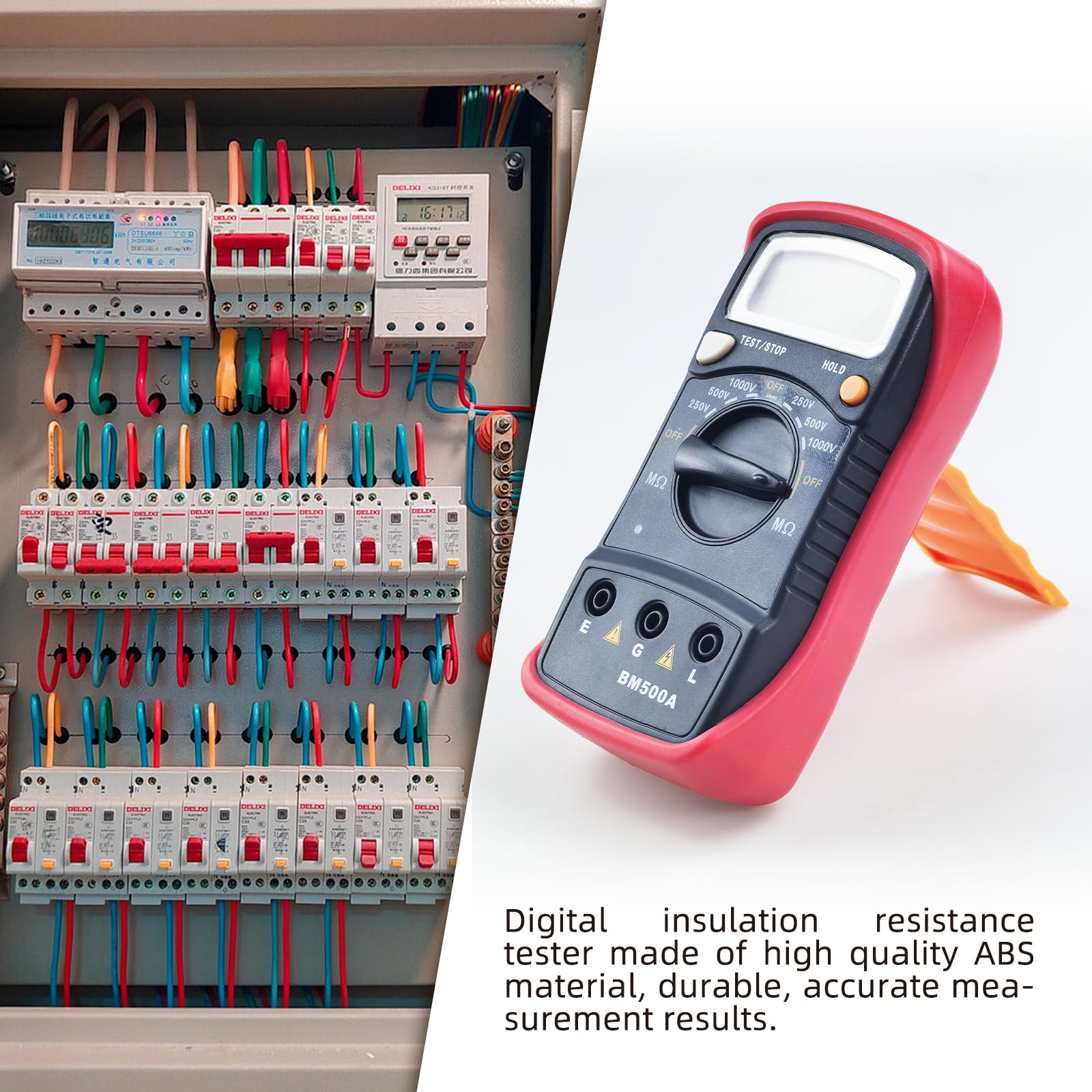 Flylin Probador digital de resistencia de aislamiento, megohmímetro BM500A 1000V con pantalla LCD, probador electrónico de 0.001-1999Ohm Ohm para mantenimiento