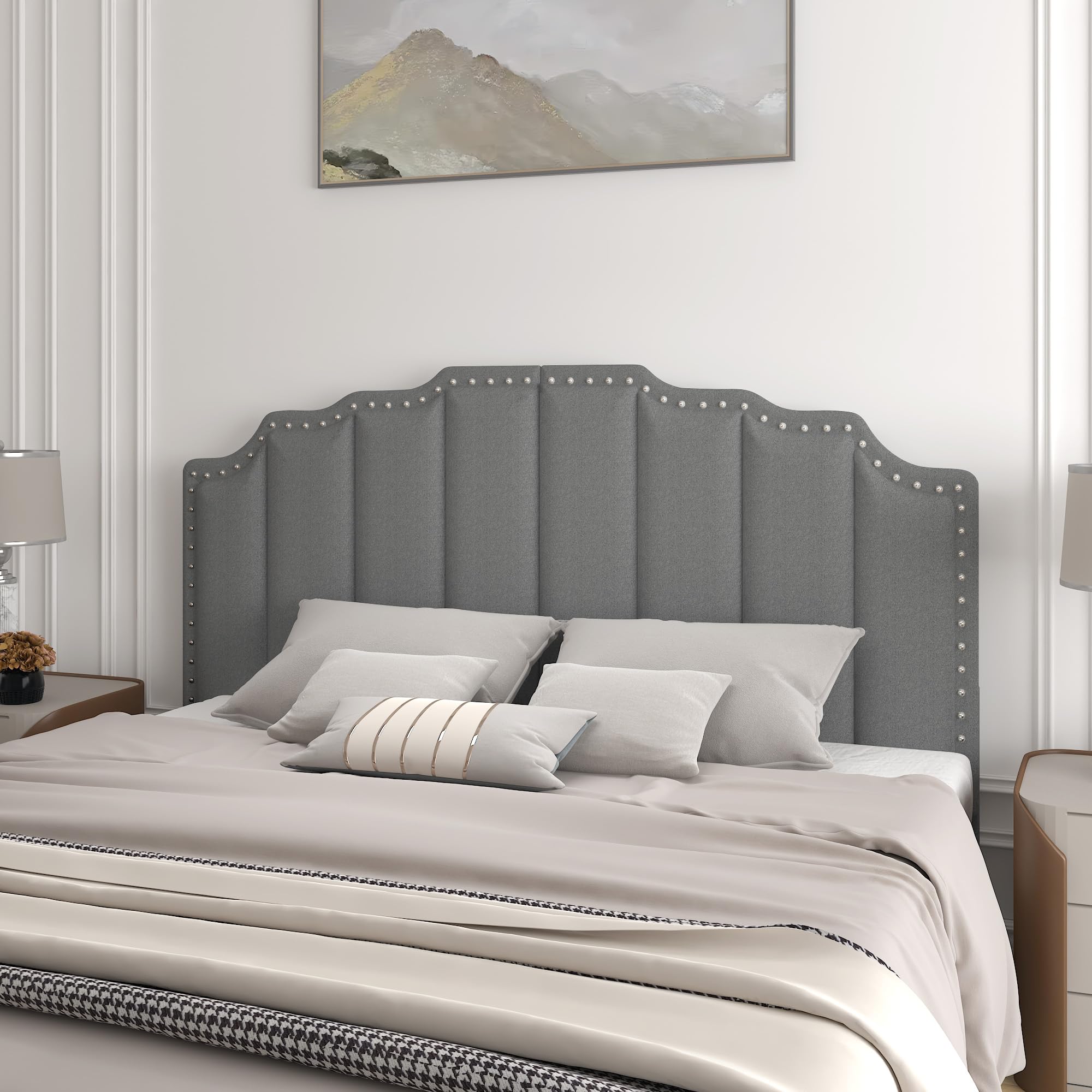 Velvet Padded Headboard, Modern and Minimalist Fan Shaped Velvet Padded Headboard, Featuring High-Density Sponge Padding and Adjustable Bed Frame (Dark grey flannel, Full/Queen)