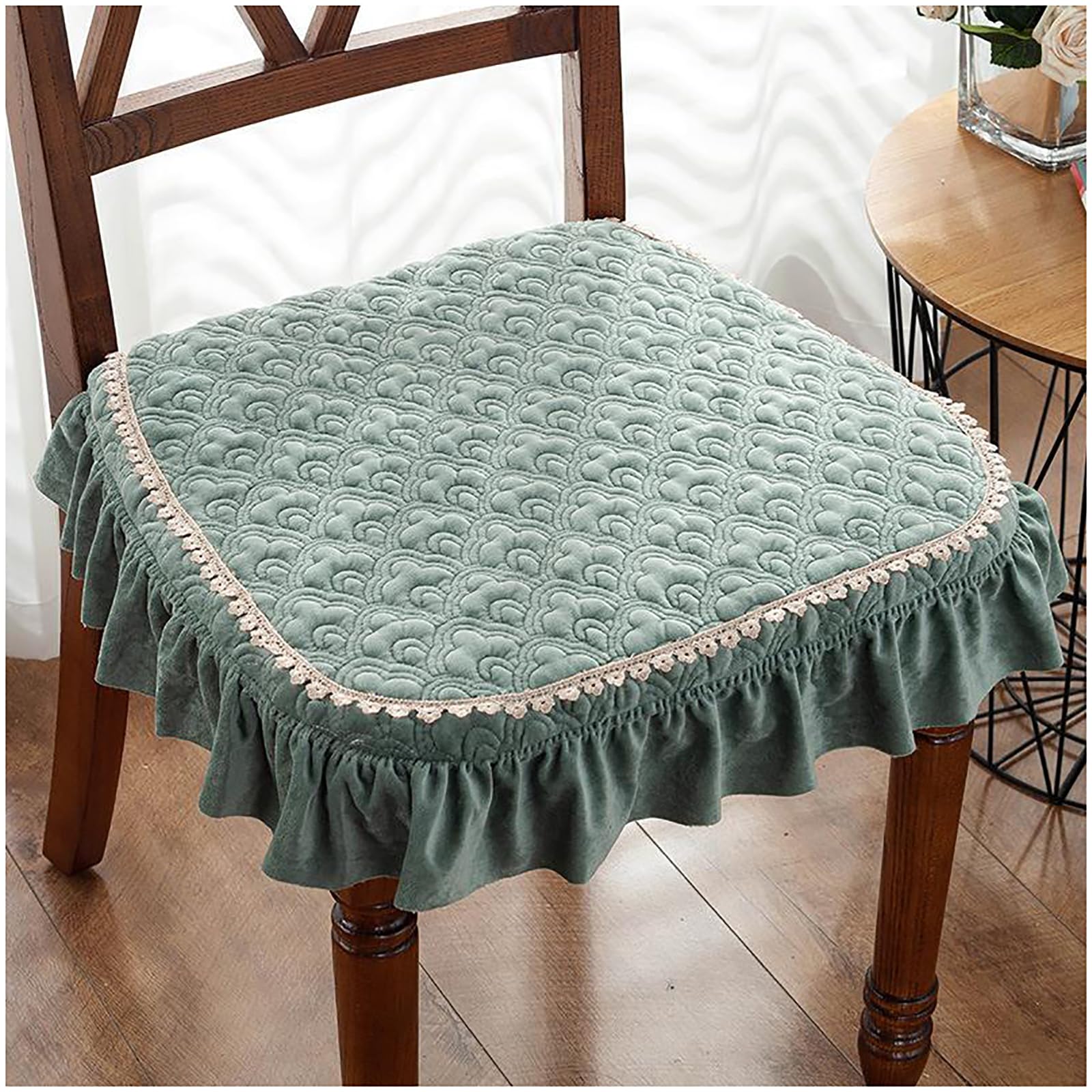 ZTGL Luxury Decorative Chair Cover for Dining Chair Office Chairs, Non Slip European Seat Cushion Thicken Chair Pad with Ties, Square Chair Covers with Lace Ruffle,D3,4 Pack