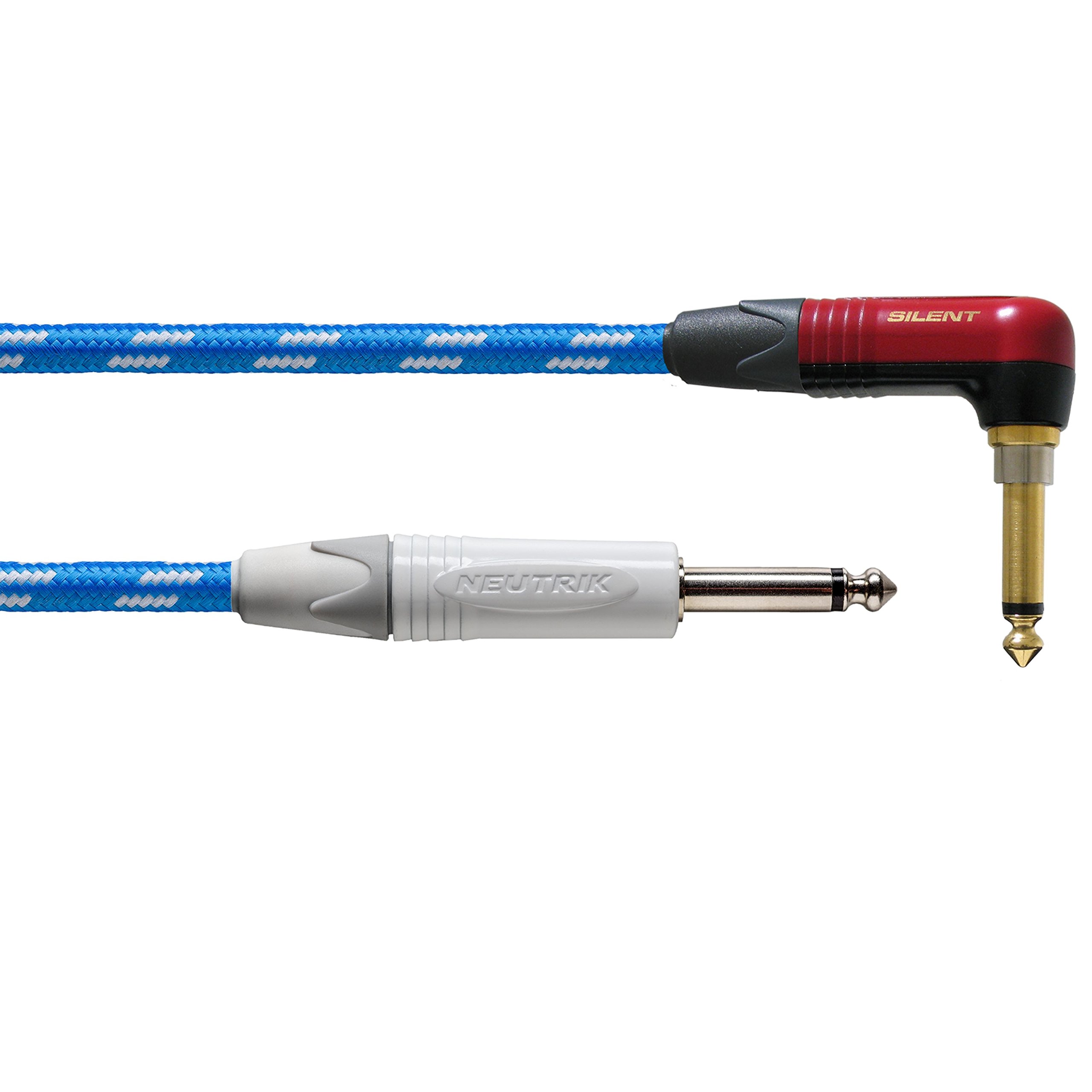 CORDIAL - CXI3RP-SKY-SILENT - Gitarrenkabel Silent-Klinke abgewinkelt Tweed blau 3 m, NEUTRIK 6,35 mm Stecker mit Silent abgewinkelt - Textilmantel weiß/blau, Peak