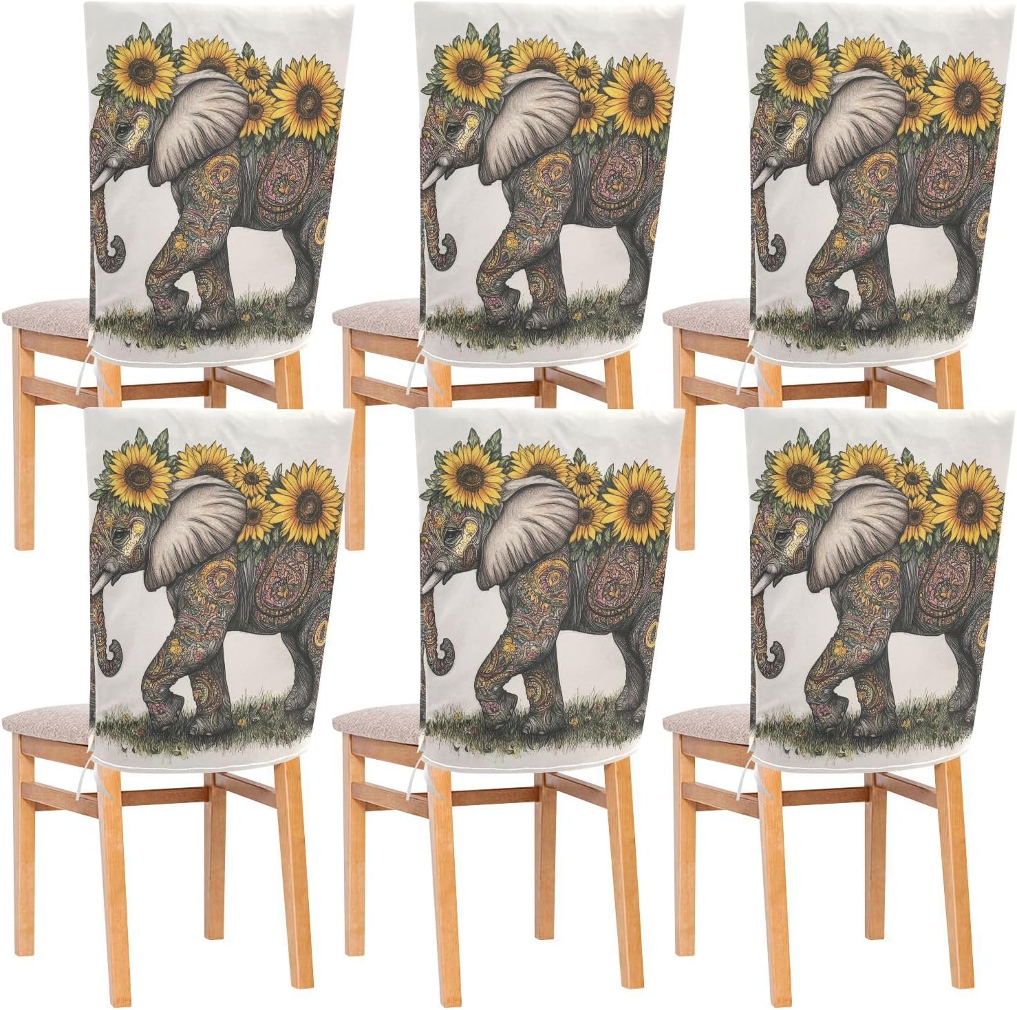 ALAZA Boho Elephant Sunflowers Chair Back Cover Set of 6, Washable Reusable Removable Chair Slipcovers Decorative Chair Cover for Home Kitchen Wedding Party
