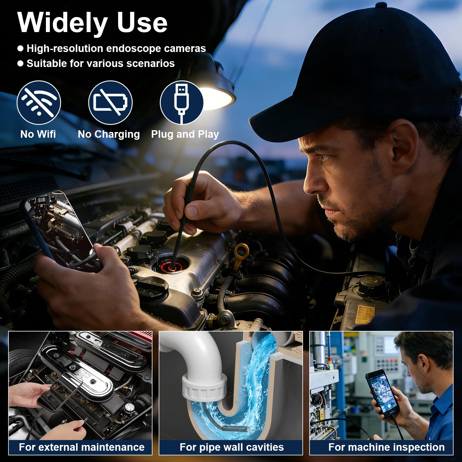 Cozary Endoscopio per Smartphone con Luce, 1920P HD Sonda Telecamera Endoscopica, IP67 Sonda Impermeabile, Endoscopio con 8 LED, non c'è bisogno di Wi-Fi, per Auto, Casa, Tubature (32.8ft/10m)