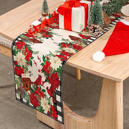 Miniatura 4 de AnyDesign Camino de mesa navideño a cuadros de Navidad cardenal de flor de pascua, cubierta de mesa de cocina, decoración de mesa de comedor para