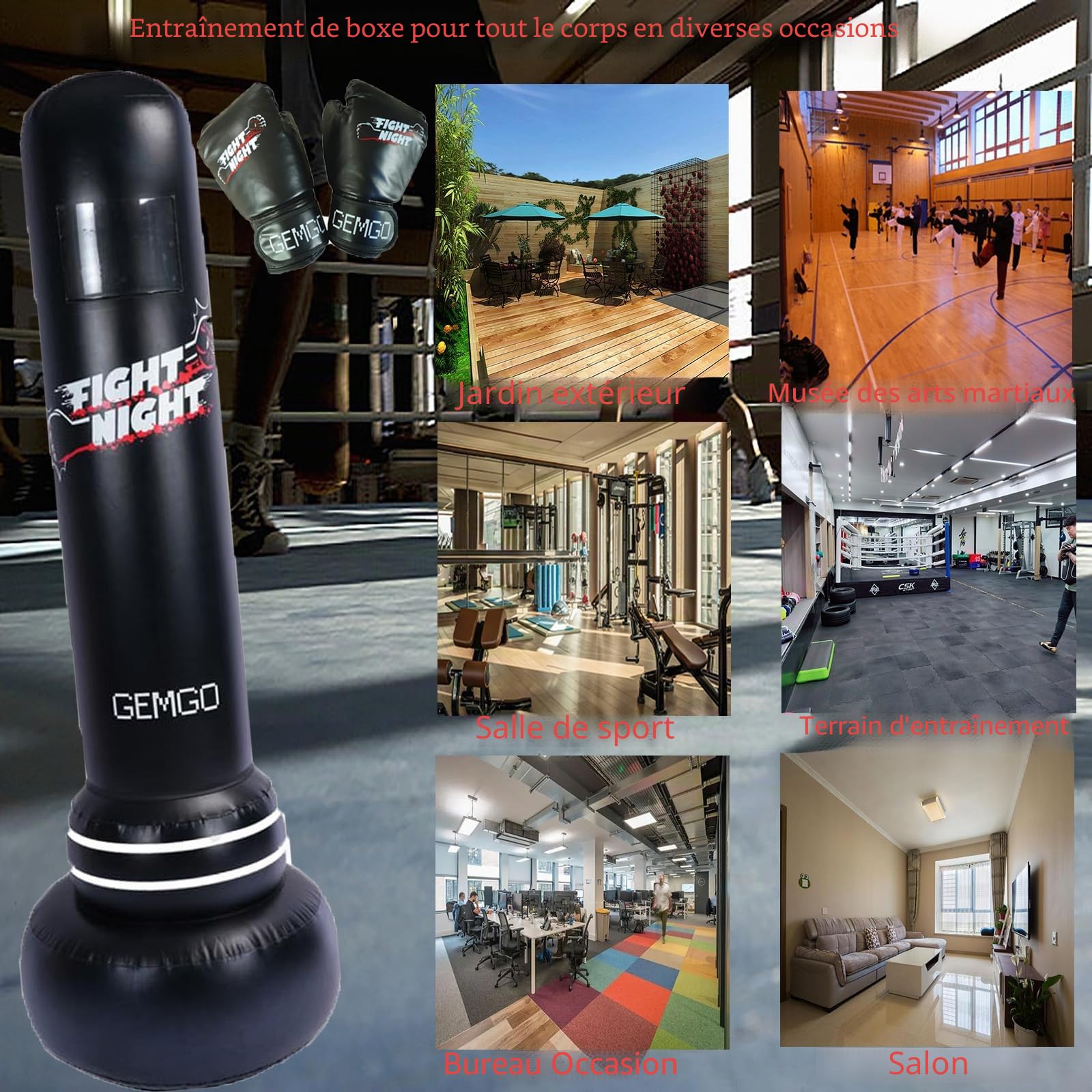 Sac de frappe debout 180 cm en PVC - Design sac photo gants de boxe polyuréthane - Entraînement boxe adolescents adultes - Femme Taekwondo MMA